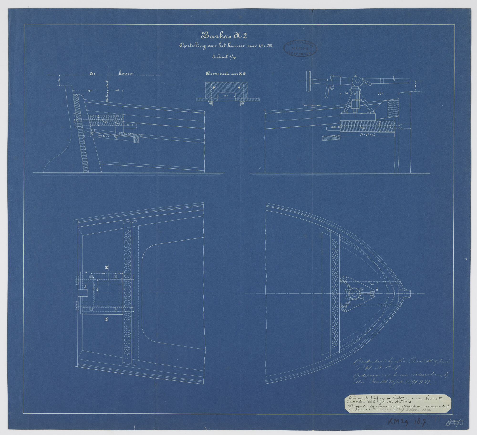 S.2175(4418); Sloepsgeschut van een barkas A2; technische tekening