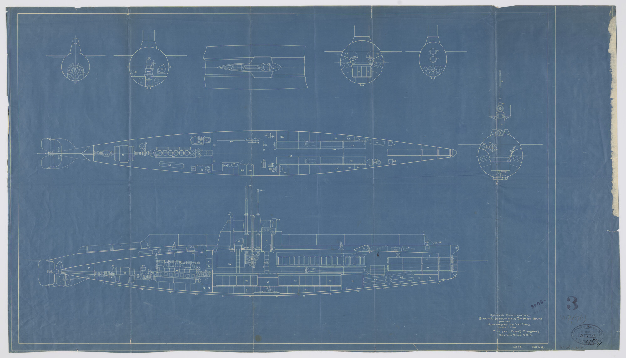 S.2175(3763); Algemeen plan van de onderzeeboot Hr.Ms. 'O 6'; technische tekening