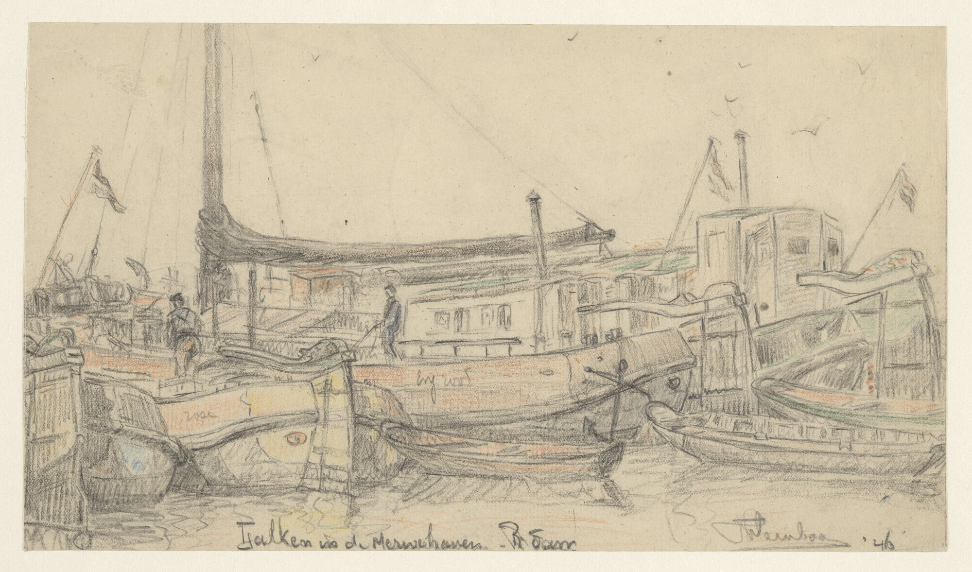 S.4824(02); Tjalken in de Merwehaven te Rotterdam, 1946; tekening