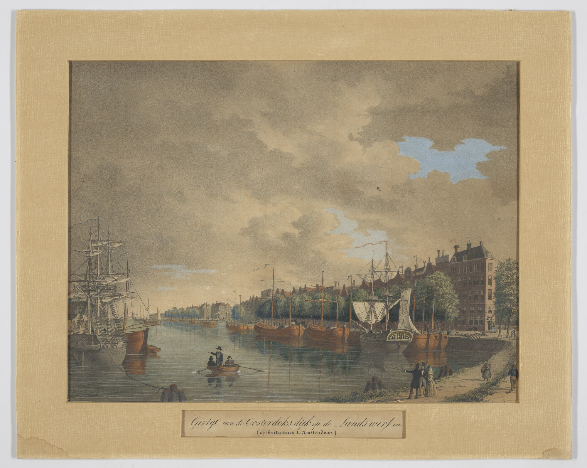 2006.0034; Kleurenlithografie van de Oosterdoksdijk en Landswerf; lithografie