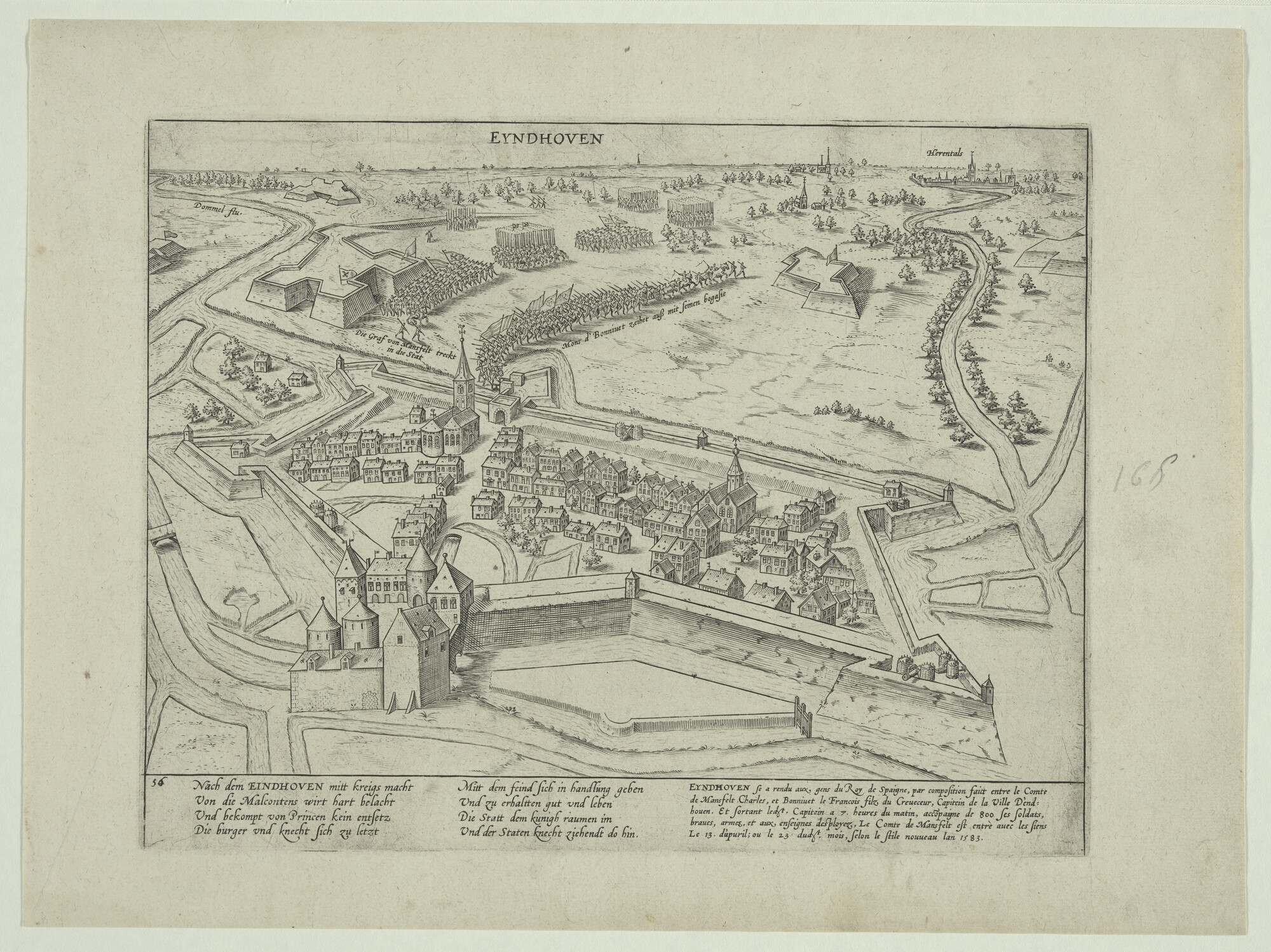 A.0145(027)225; Eindhoven aan de graaf van Mansfeld overgegaan, 23 april 1583; prent