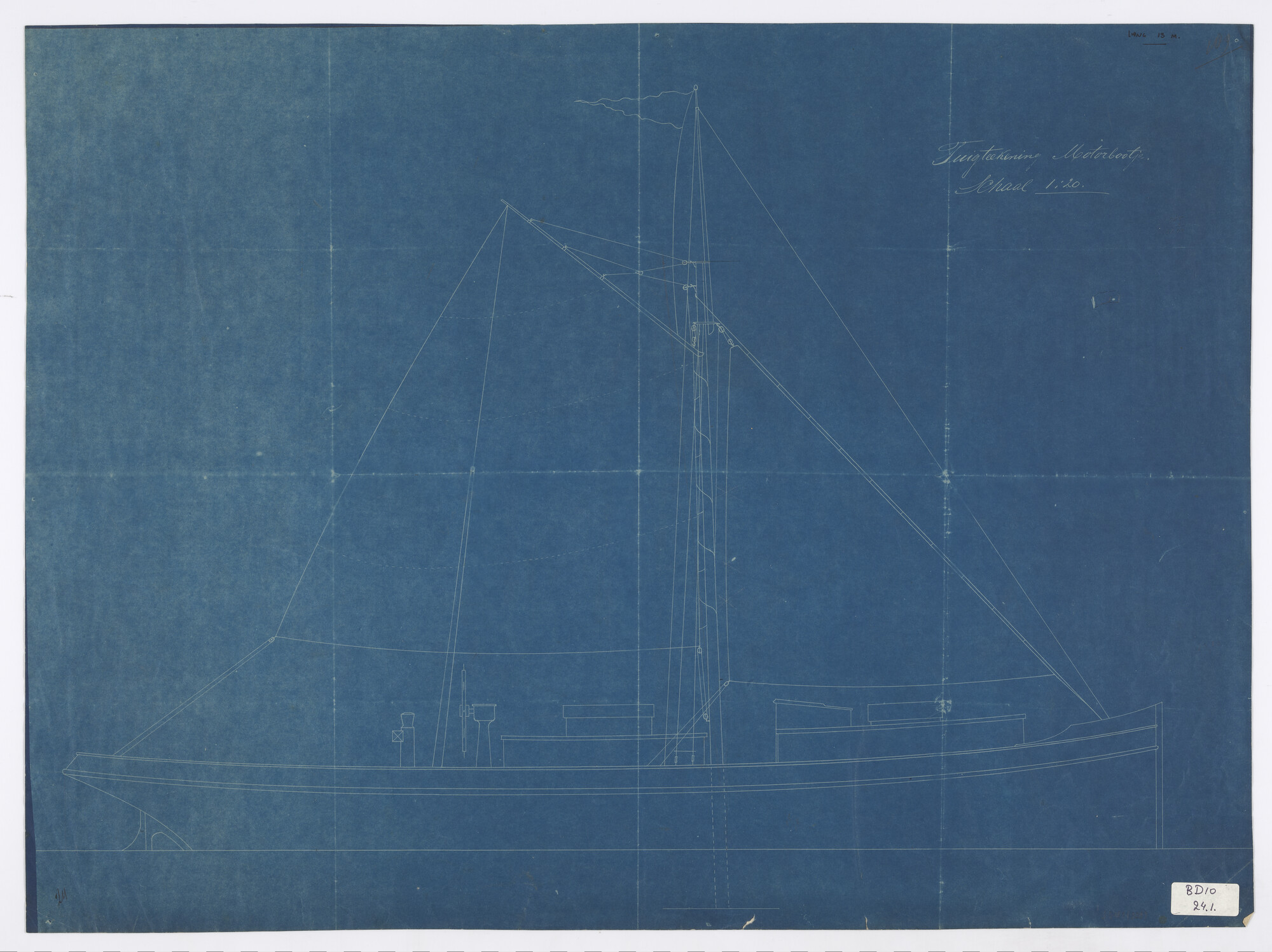 S.5181(328); Tuigplan van een motorsleepboot met hulpzeiltuig; technische tekening