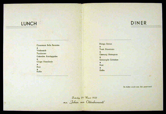 1995.0838; Menukaart voor een lunch en diner op 29 maart 1952 a/b ms. Johan van Oldenbarnevelt van de SMN; menukaart