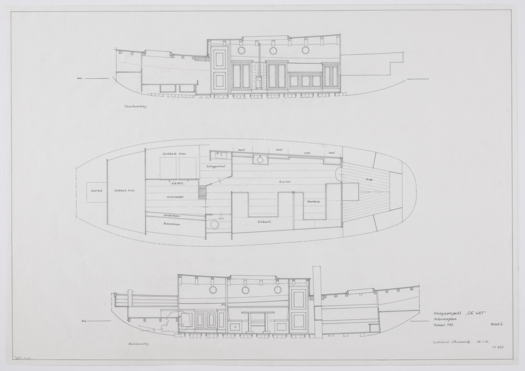 2012.1346; Indelingsplan van het hoogaarsjacht 'De Wet' van 14.05 meter; technische tekening