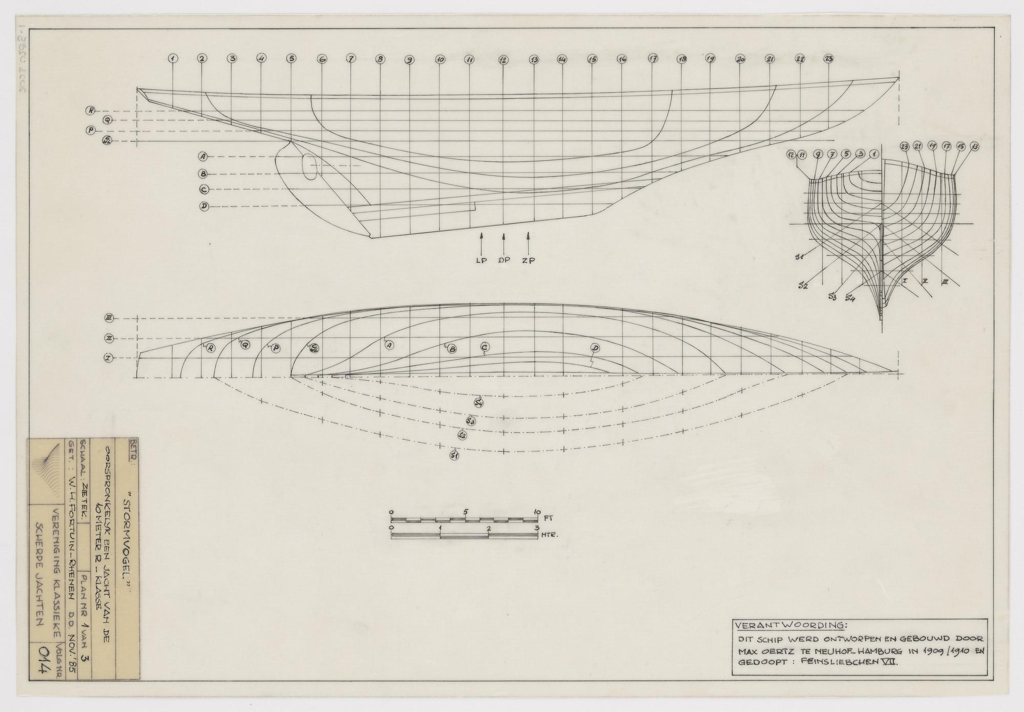 2023.0285-1; Technische tekening van (oorspr.) 10 meter R-klasse zeiljacht Stormvogel; technische tekening