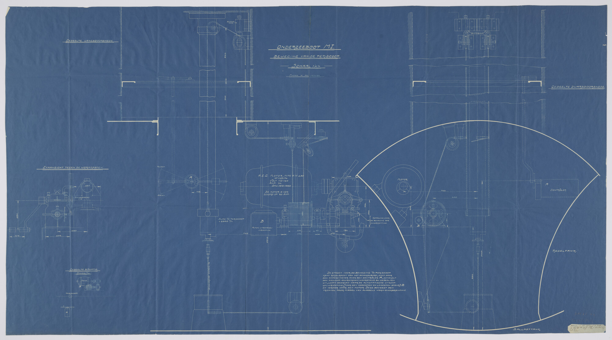 S.2175(3813); Beweging periscoop onderzeeboot-mijnenlegger Hr.Ms. 'M 1'; technische tekening