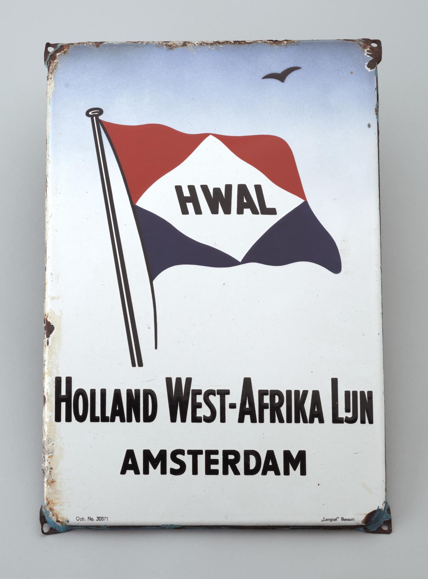 2016.0451; Geëmailleerd naambord van de Holland West-Afrika Lijn (HWAL); naambord