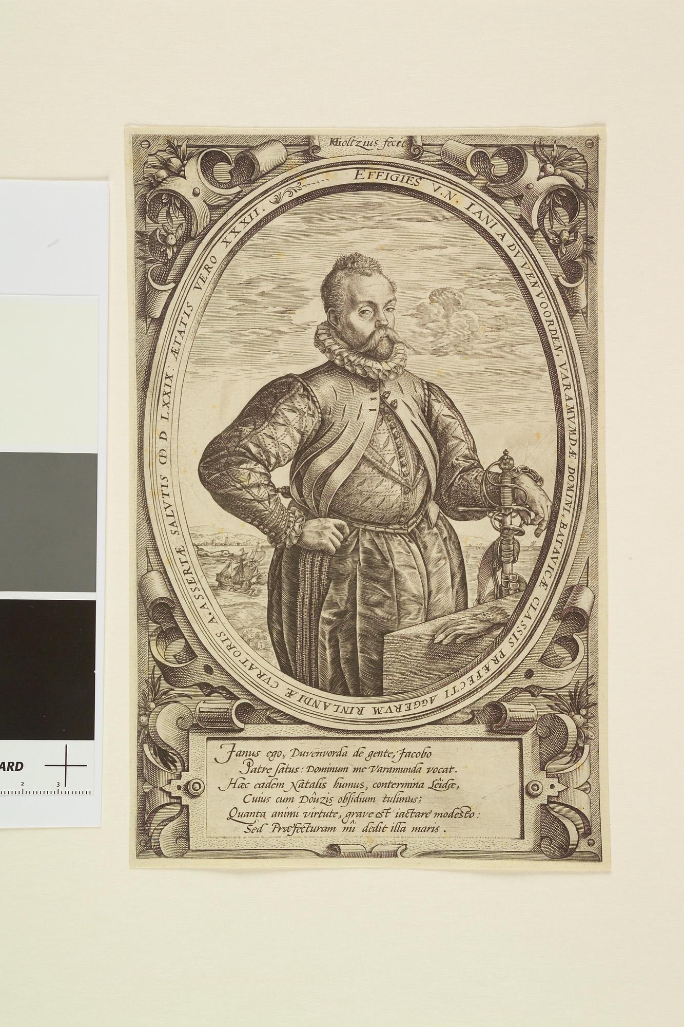 A.1472 [nr 0002]; Portret van admiraal Jan van Duivenvoorde (1547 - 1610), driekwart, in ovaal; prent