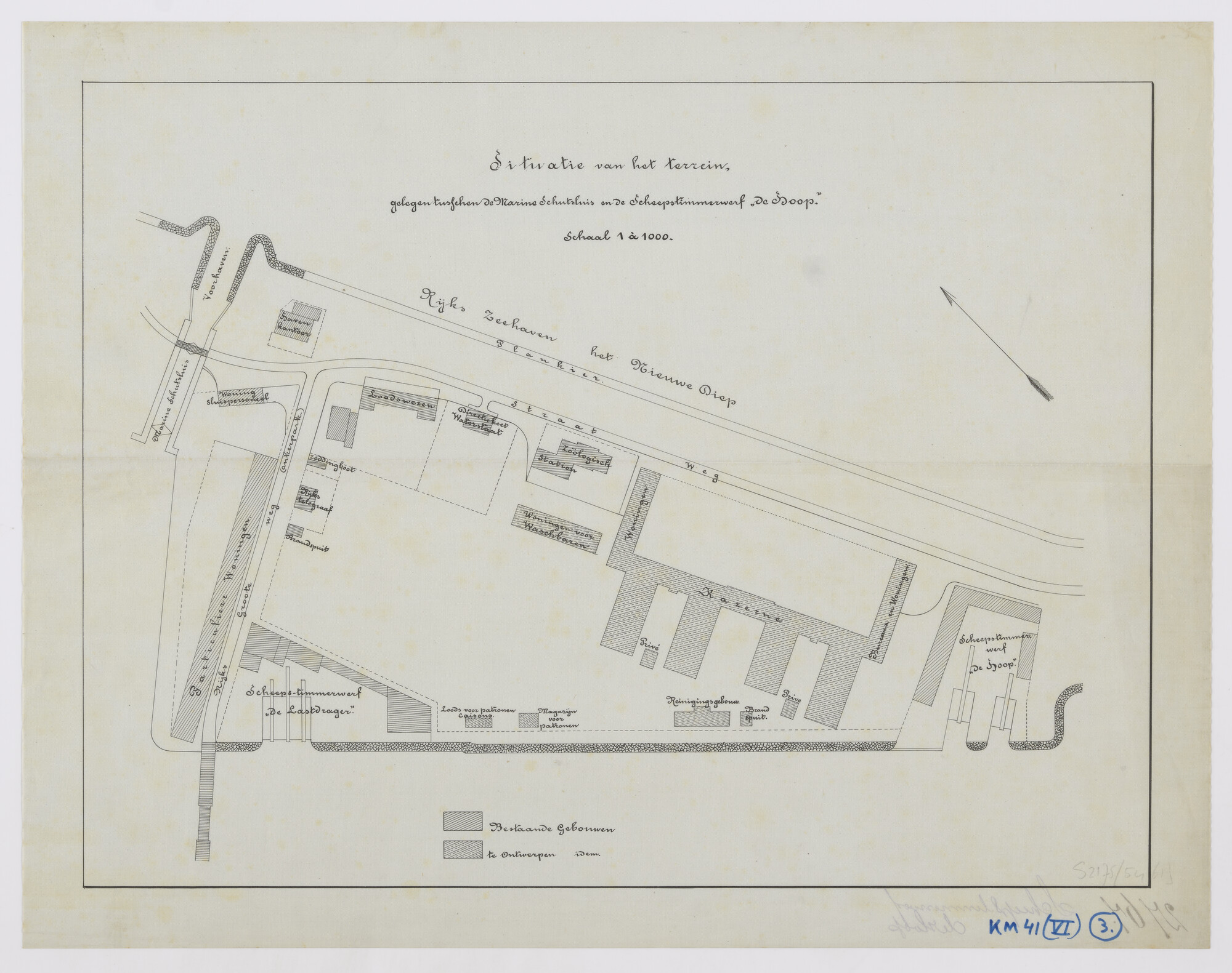 S.2175(5461); Plattegrond van de Rijks-Zeehaven het Nieuwe Diep met de scheepstimmerwerven 'De Hoop' en 'De Lastdrager'; technische tekening