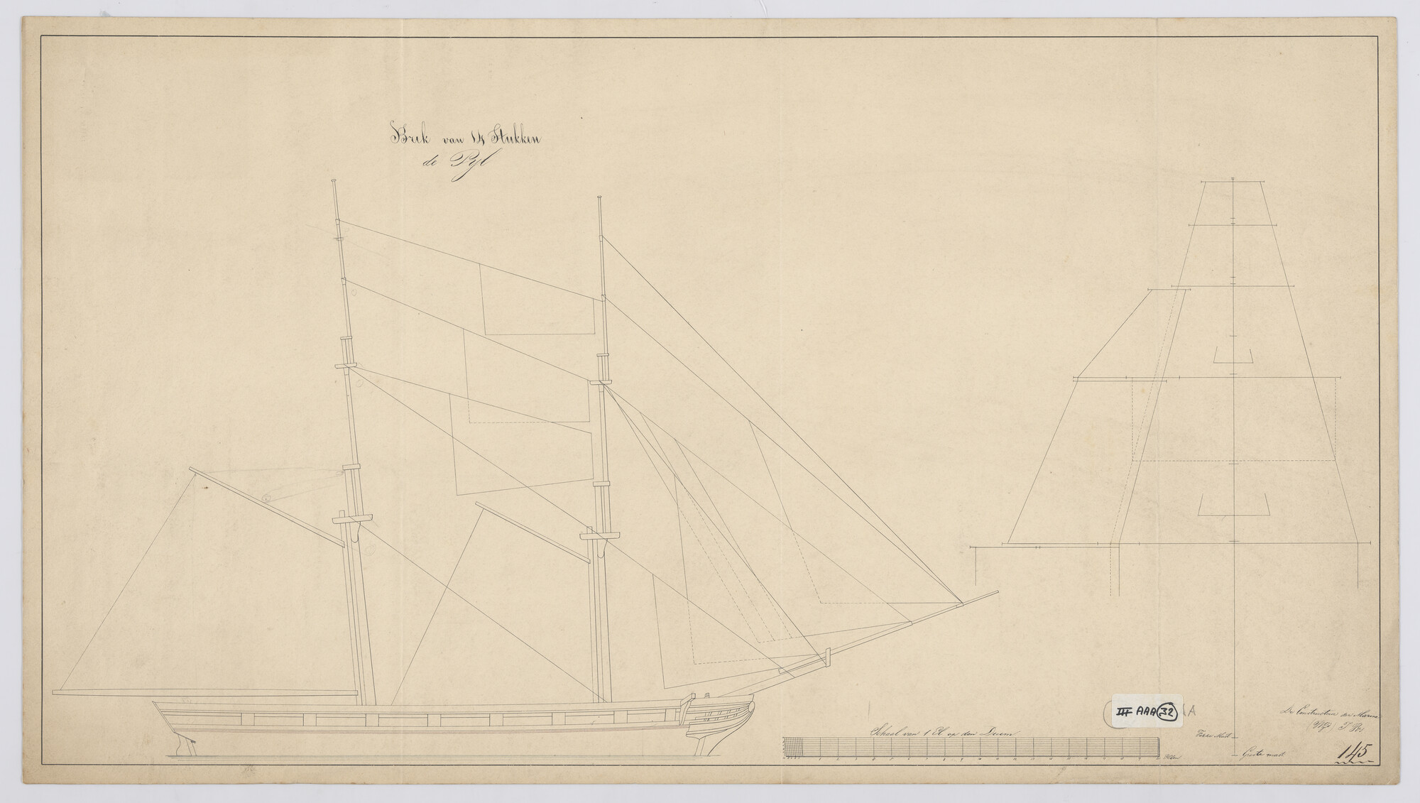 S.1214(0203); Tuigplan van de brik Zr.Ms. 'Pijl'; technische tekening