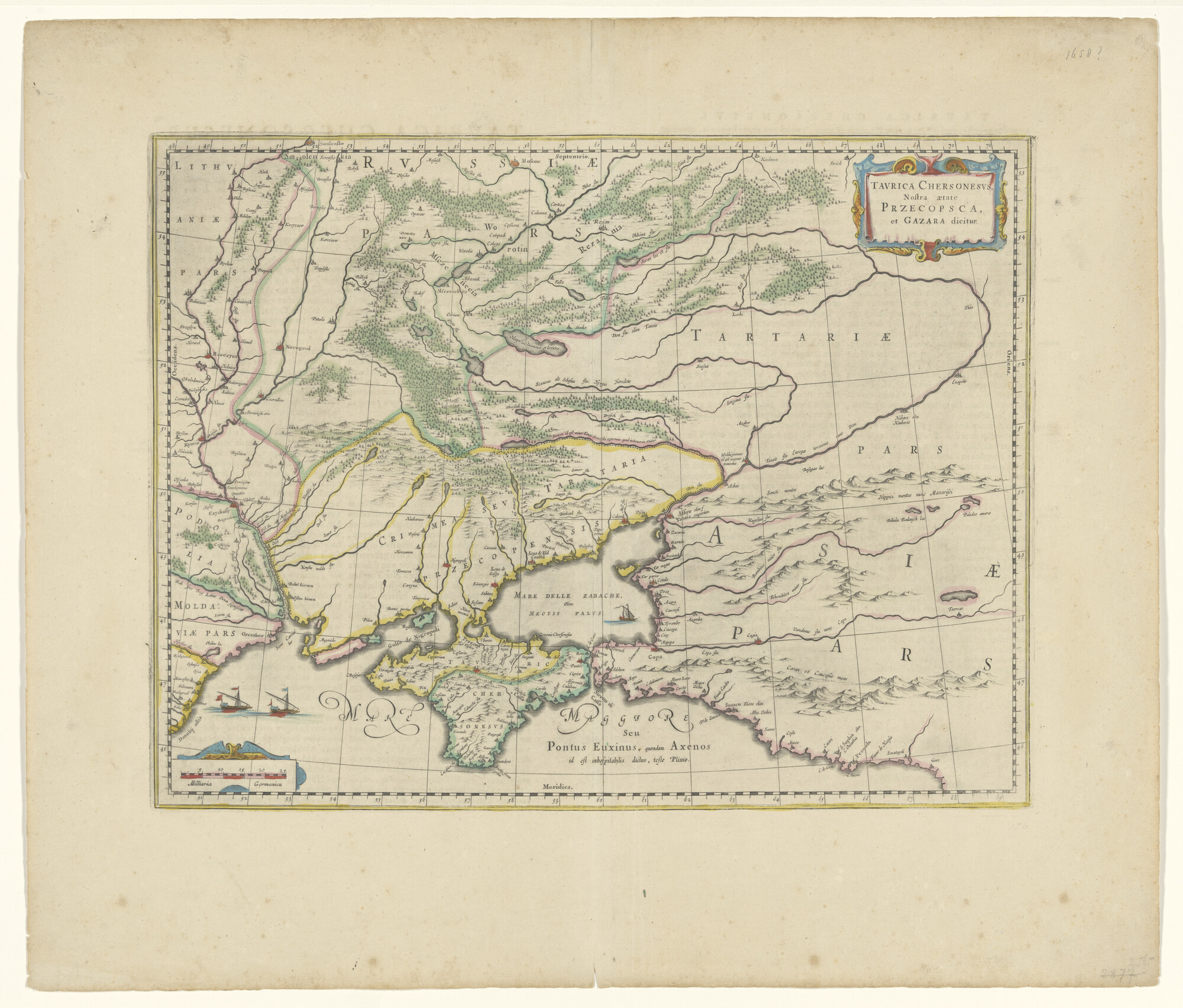 A.0145(211)052; Met de hand gekleurde kaart van Oost-Europa benoorden de Zwarte Zee; landkaart