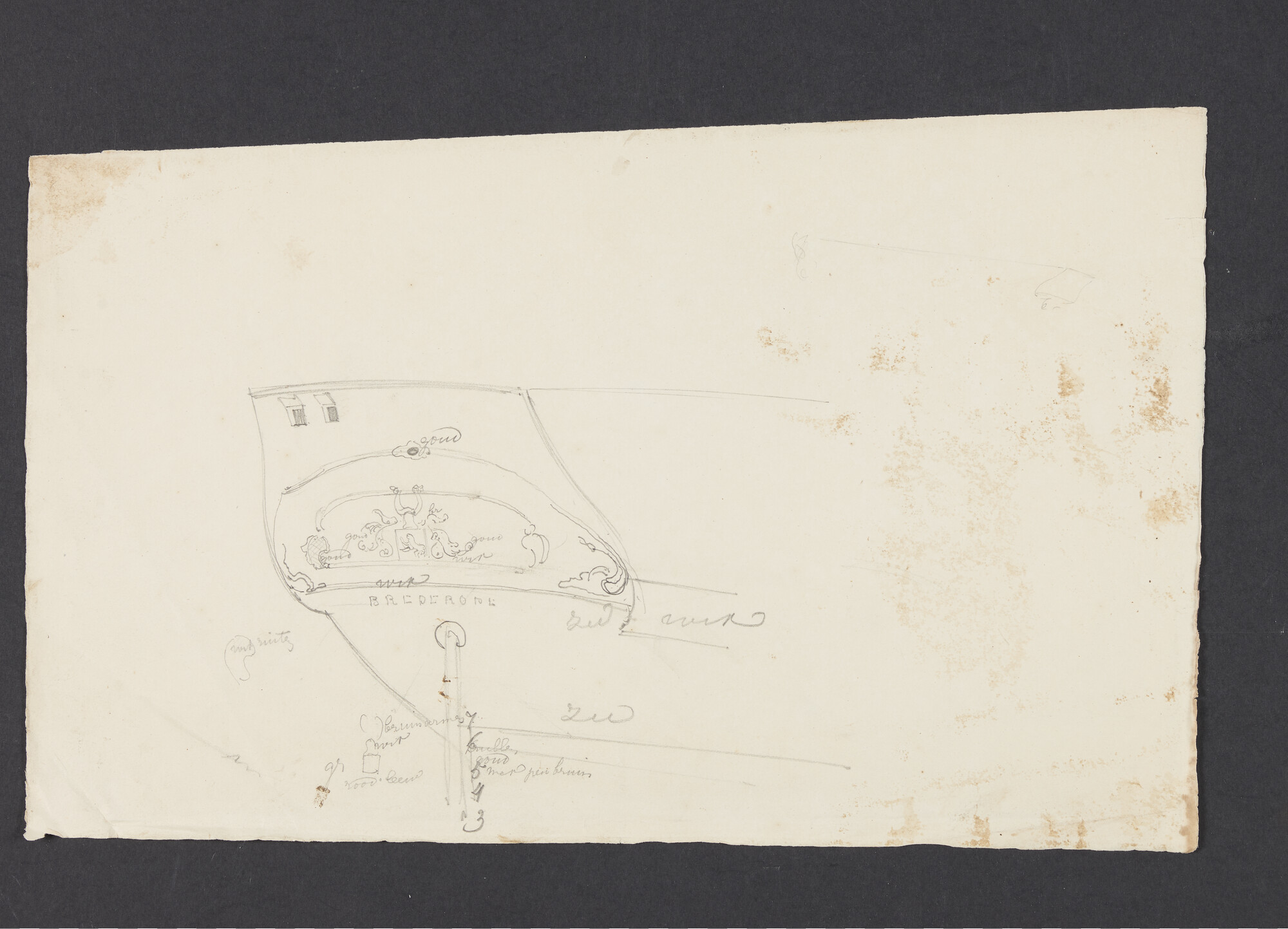 S.3107(07)066; Schets van een spiegel met de naam Brederode; tekening