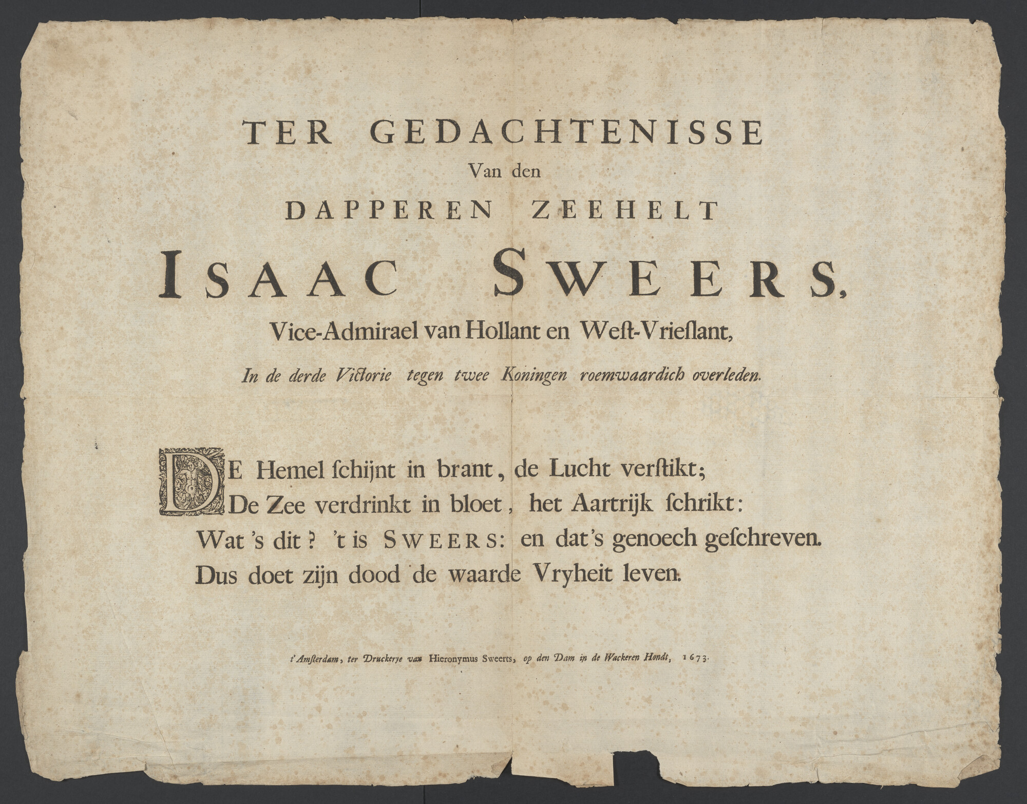 A.0293(02); Gelegenheidsgedicht op het sneuvelen van Vice-Admiraal Isaac Sweers; gedicht