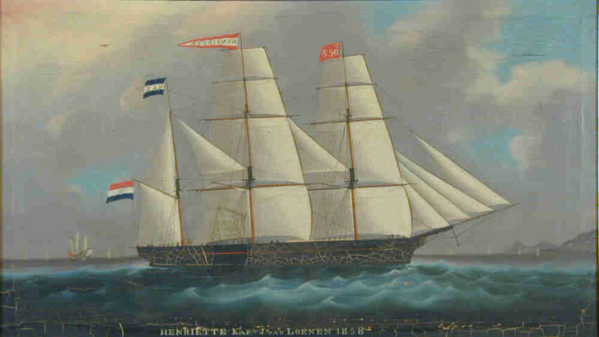 S.1730(02); Het barkschip Henriette zeilend op een Oost-Aziatische rede; schilderij