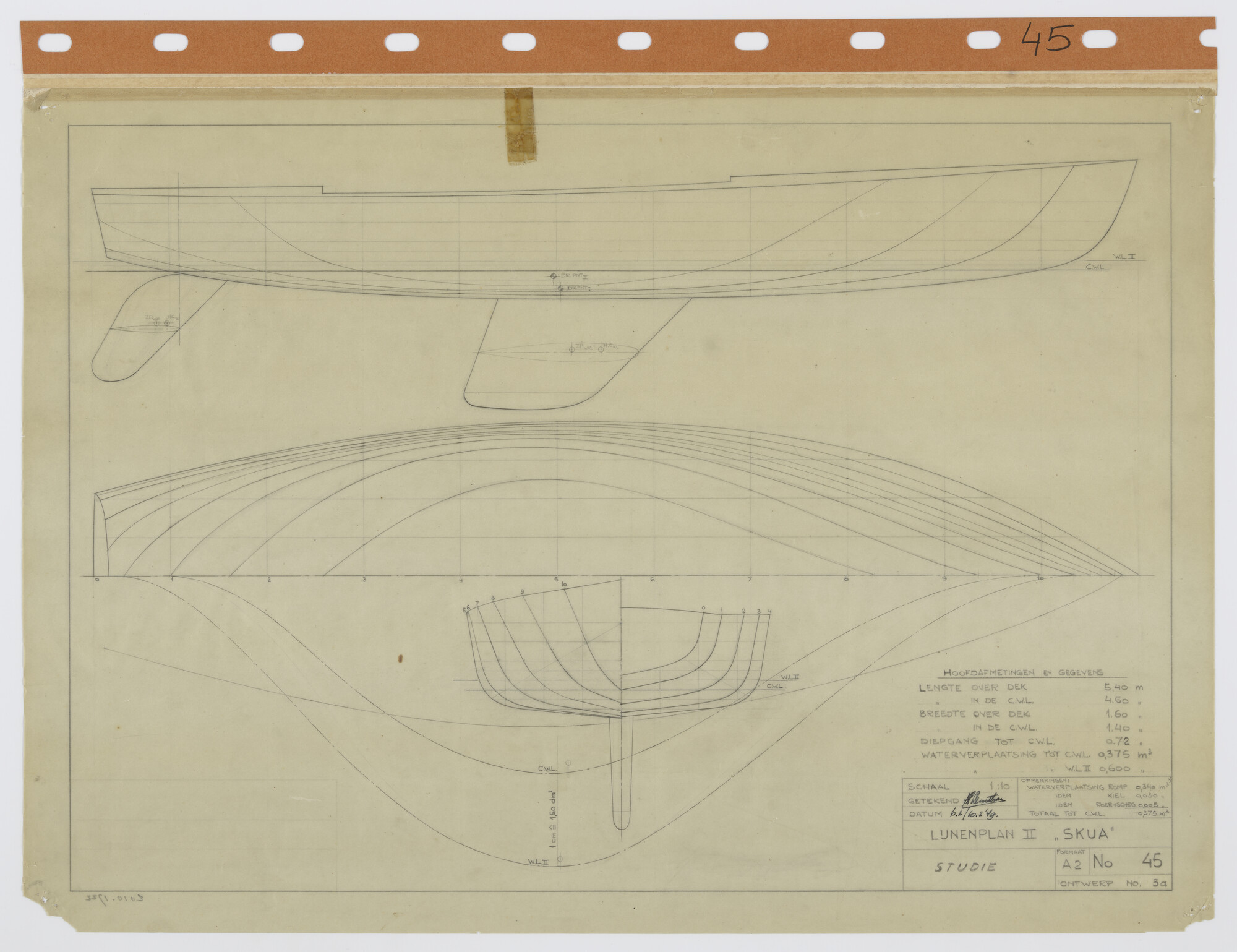 2010.1722; Lijnenplan II van het SKUA-jacht van 5.40 m; technische tekening