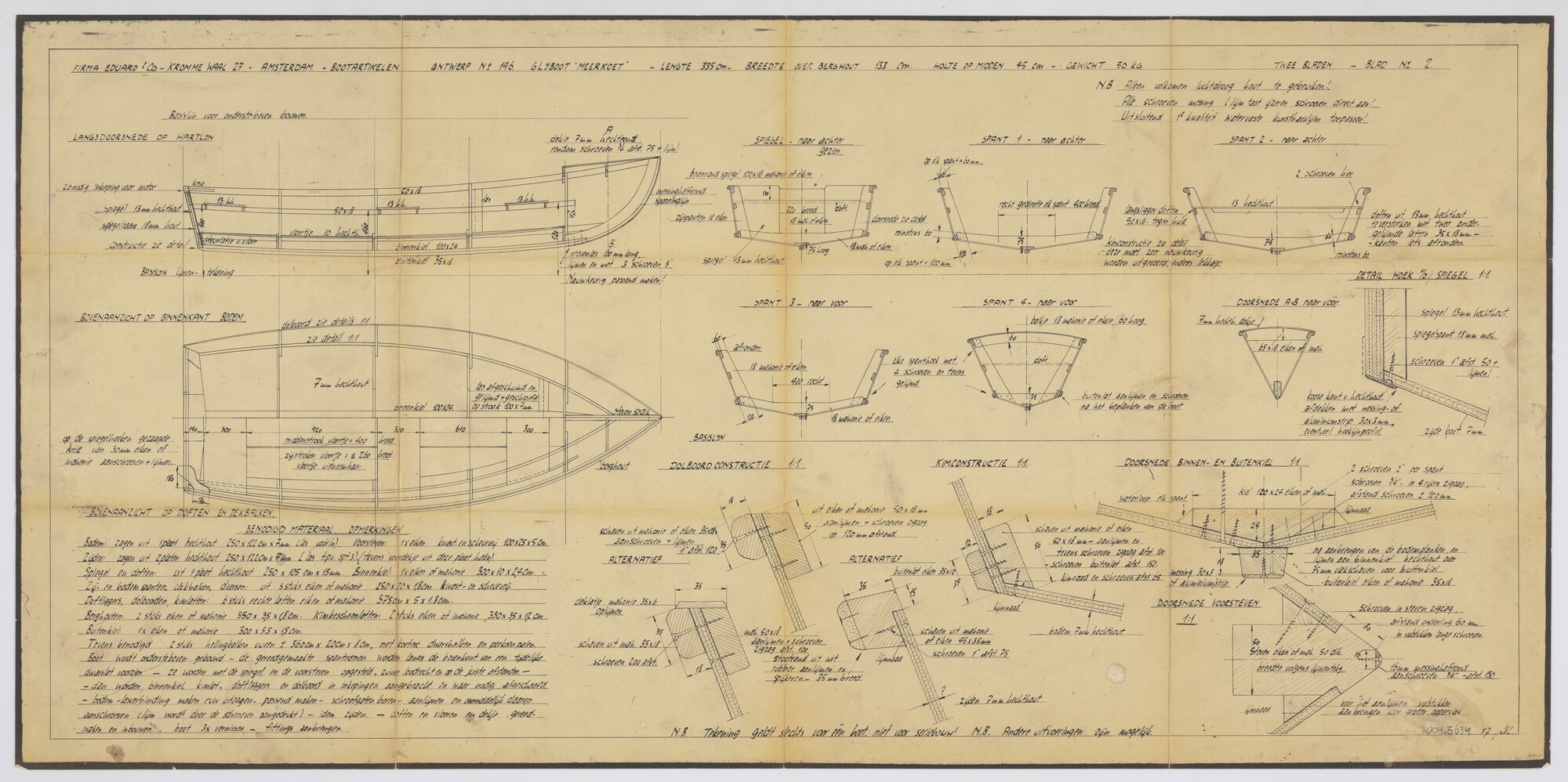 2004.5634; Constructietekening van een open bootje met buitenboordmotor Meerkoet; technische tekening