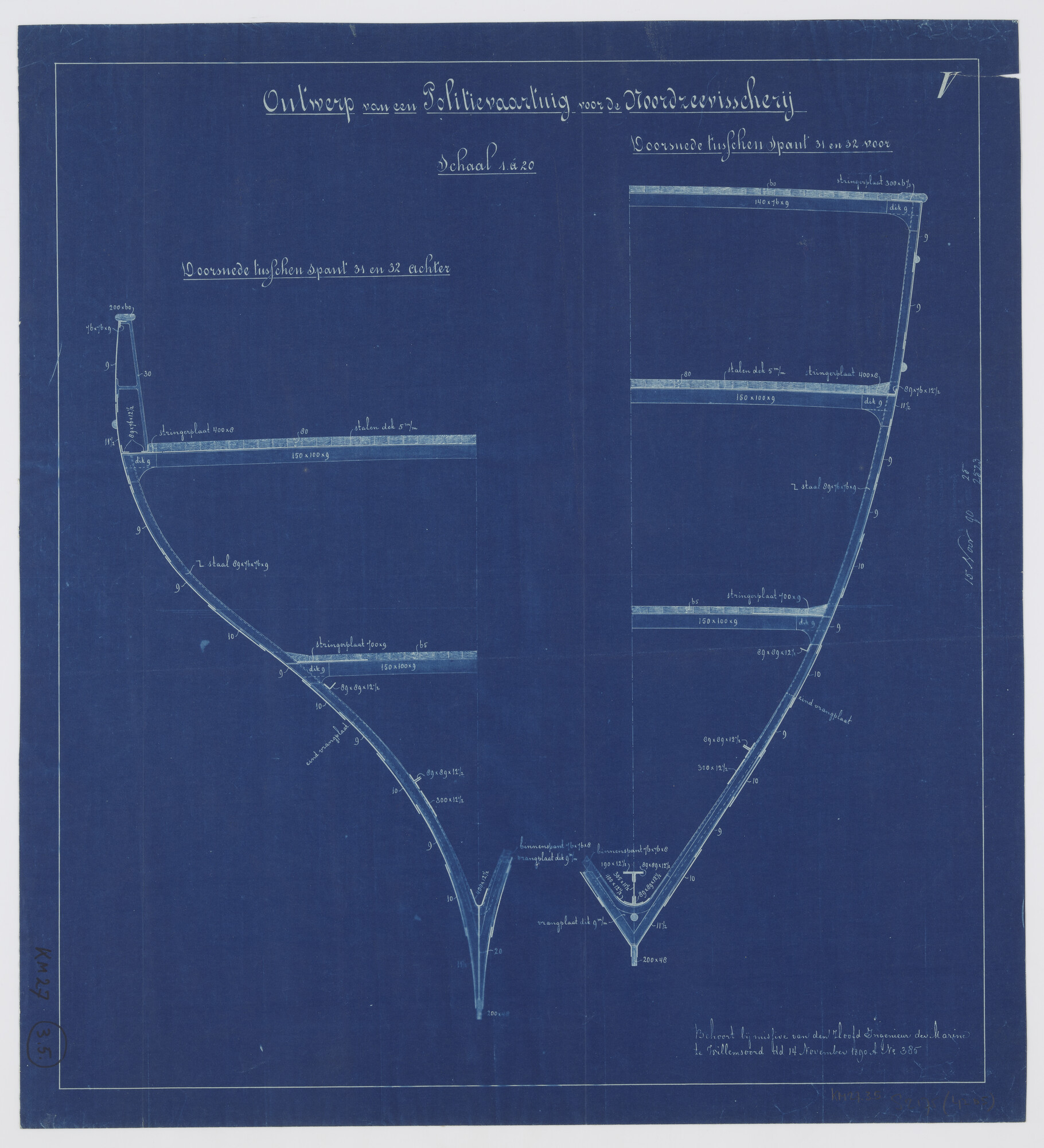 S.2175(4205); Twee halfdoorsneden van Hr.Ms. 'Zeehond' [ontwerp]; technische tekening