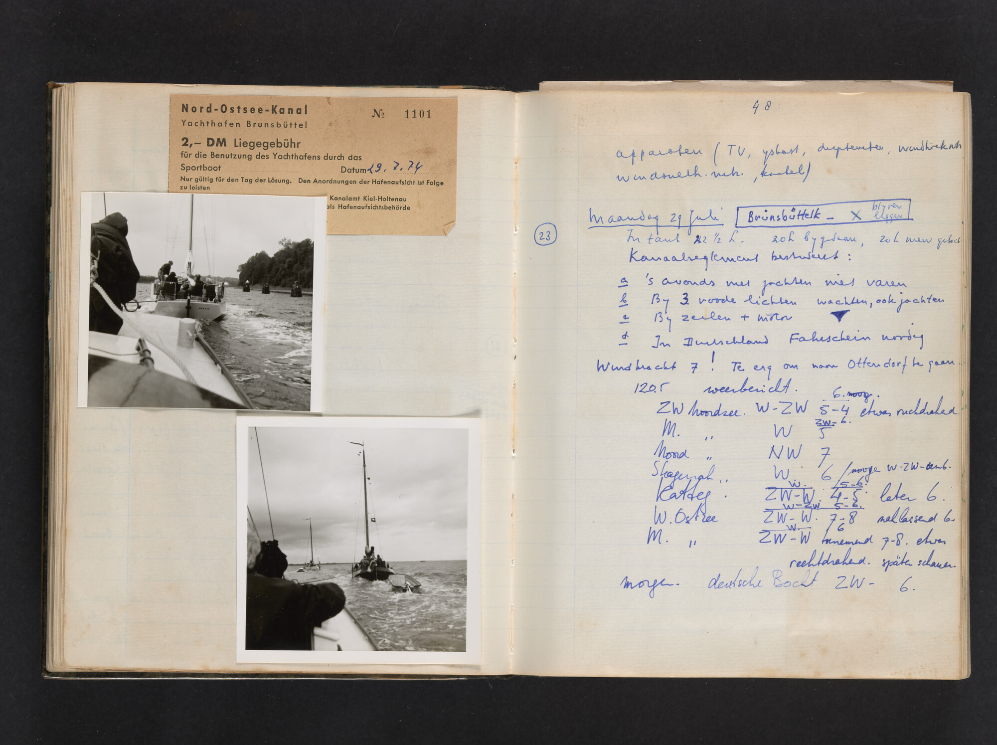 2017.0802; Logboek c.q. fotoalbum van reizen met zeeschouw Grutto (II) in Nederland, Duitsland en Denemarken, 1973-1974; logboek