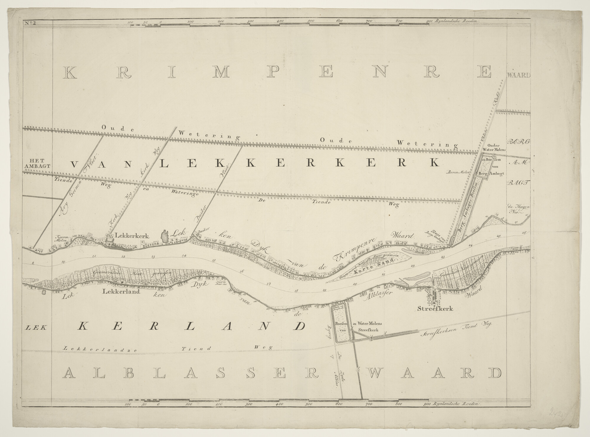 A.2948(01)b; Kaart in zeven bladen van de rivier de Lek van Krimpen tot het Hagesteinse Schoor; rivierkaart