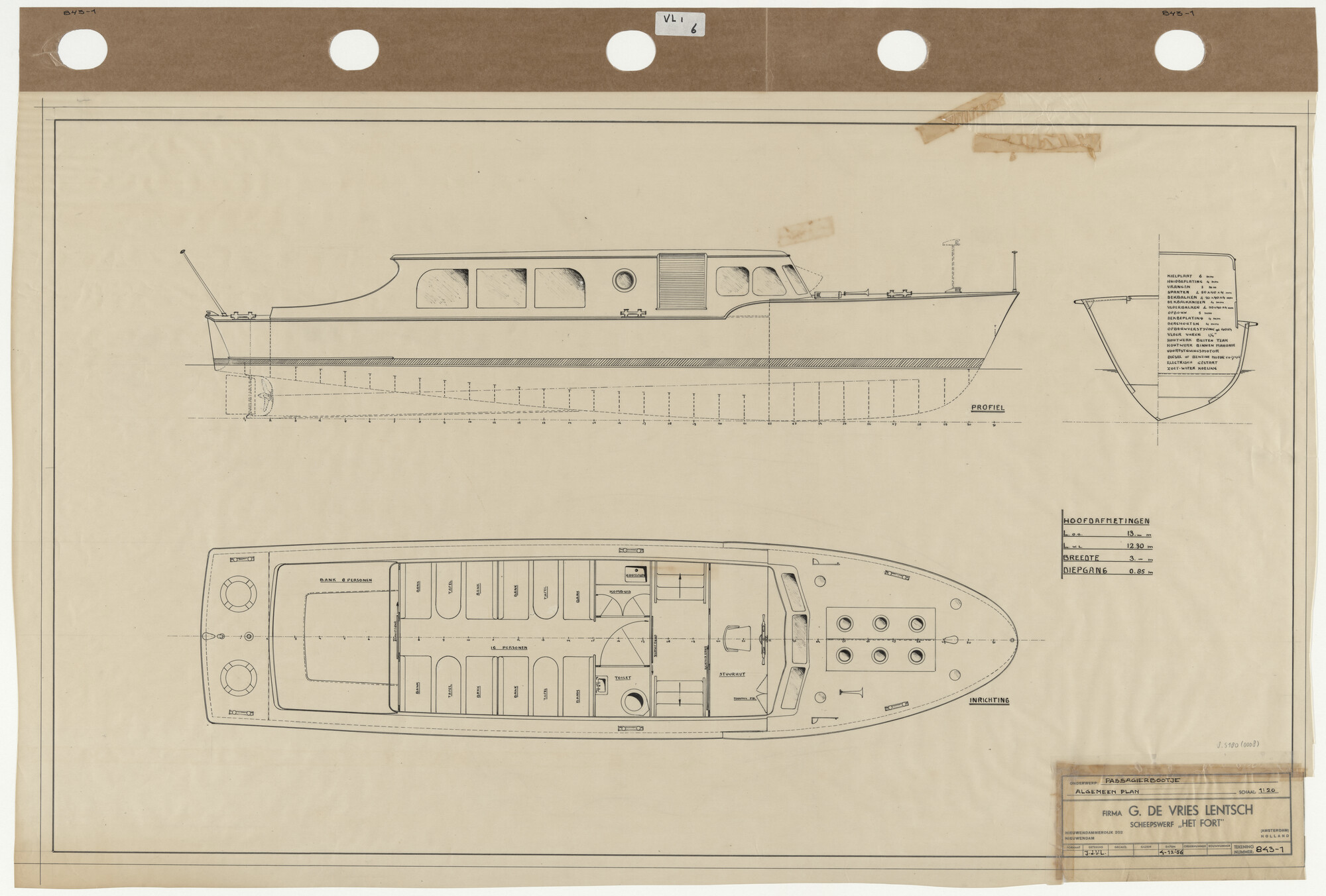 S.5180(0008); Algemeen plan van een passagiersboot; technische tekening