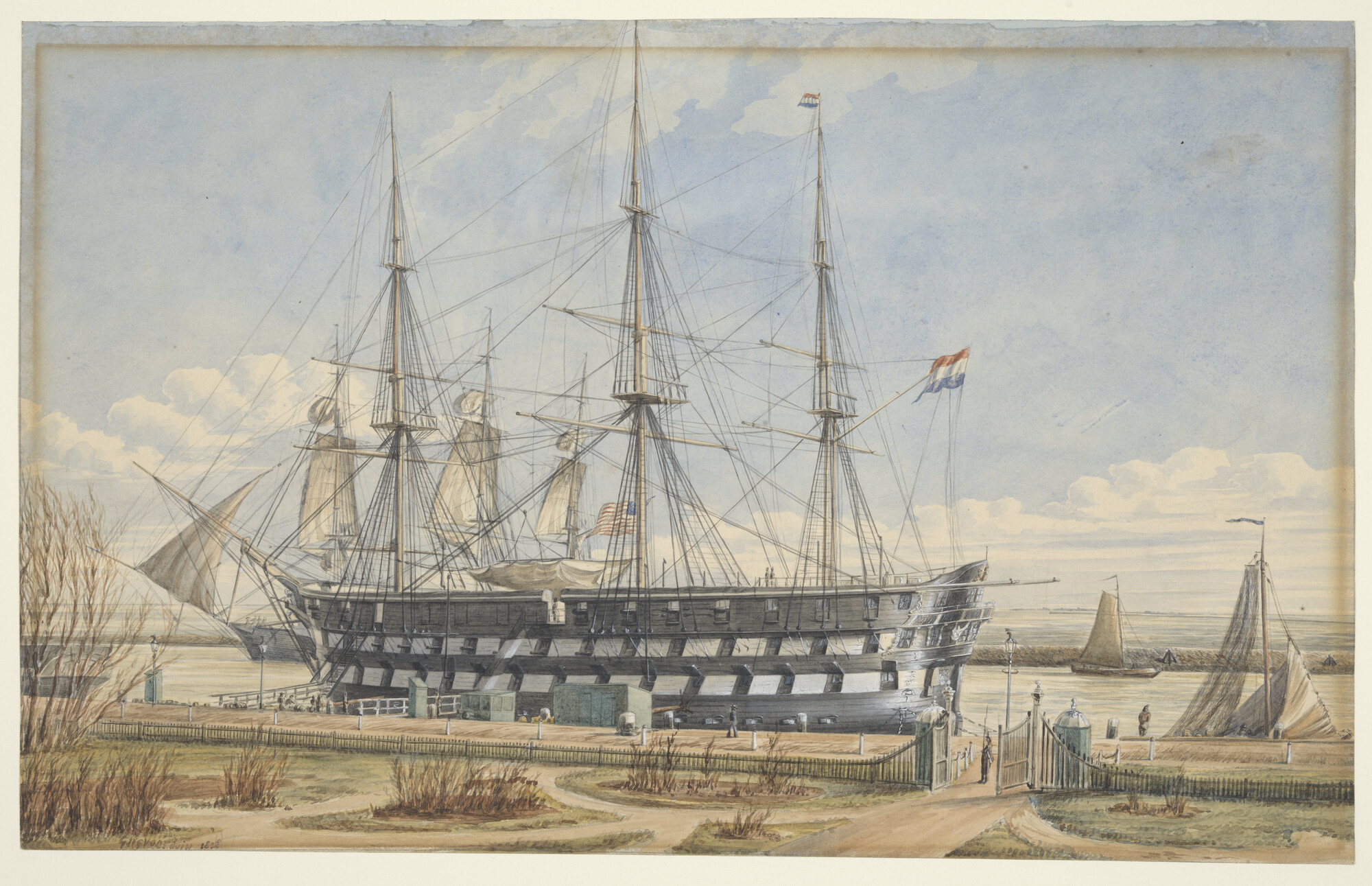 S.0546(03); Het linieschip Zr.Ms. 'Kortenaer' als wachtschip te Willemsoord; tekening