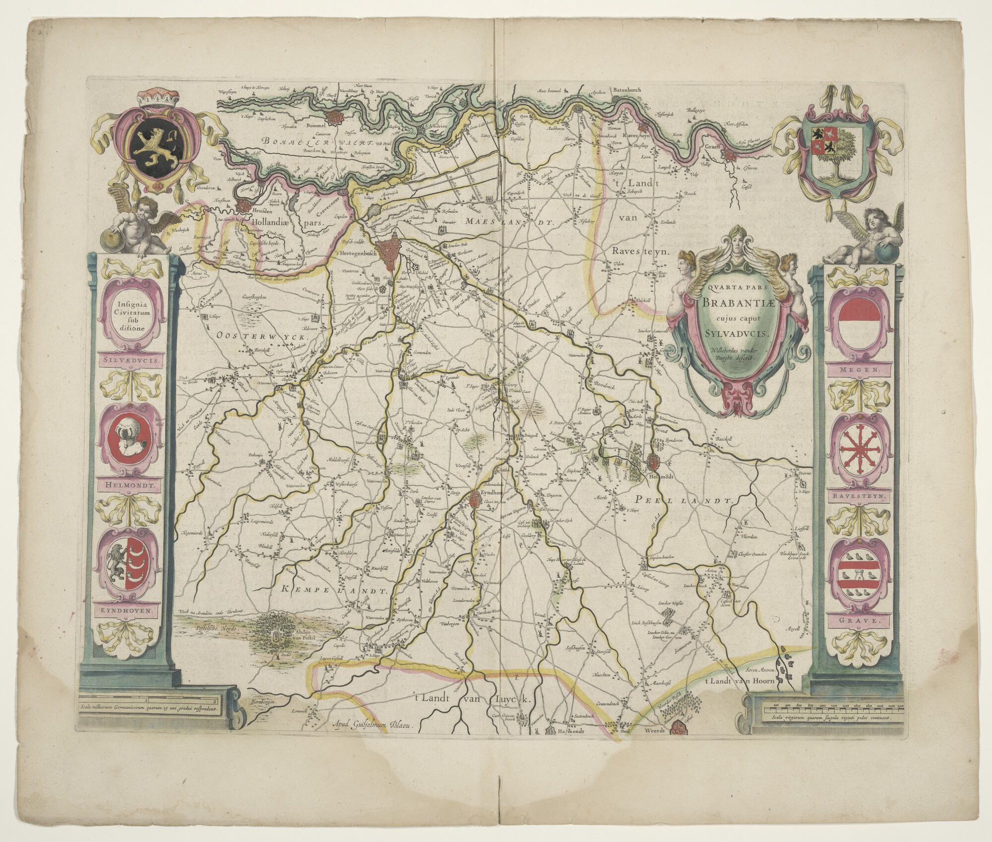 B.0216(0277); Met de hand gekleurde kaart van Brabant door Willebrord van der Burght, uitgave Willem Jansz. Blaeu; landkaart