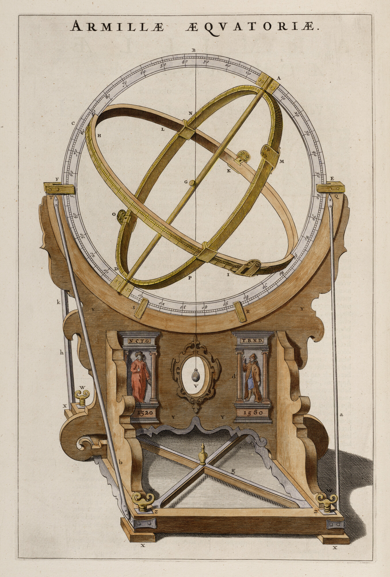 S.1034(01) [kaart 038]; Afbeelding van een equatoriaal armillarsfeer in het observatorium Uraniënborg van Tycho Brahe op het eiland Hven in de Sont; prent