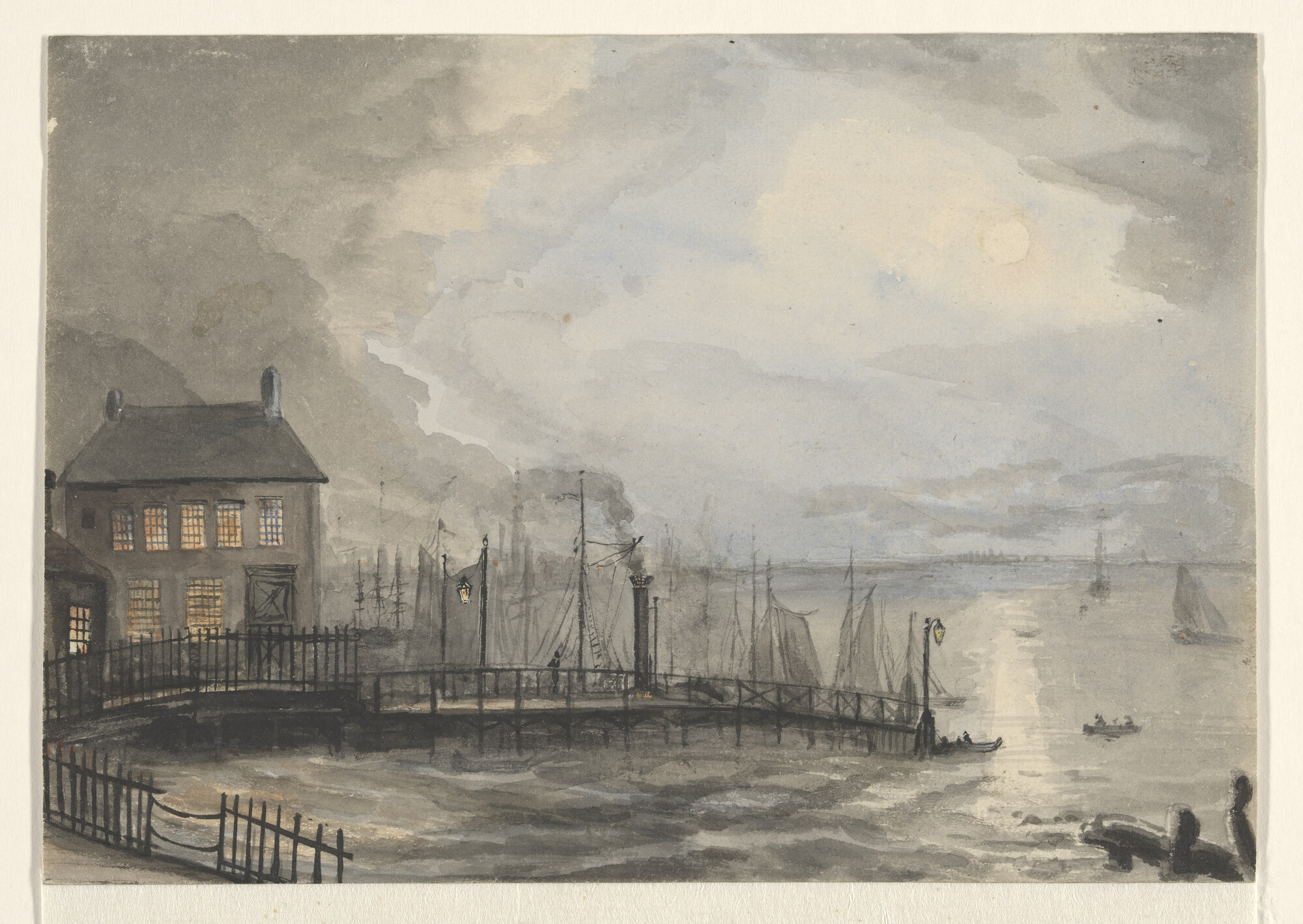 A.1714(03); Gezicht op de Nieuwe Stadsherberg in het IJ te Amsterdam, bij avond; tekening