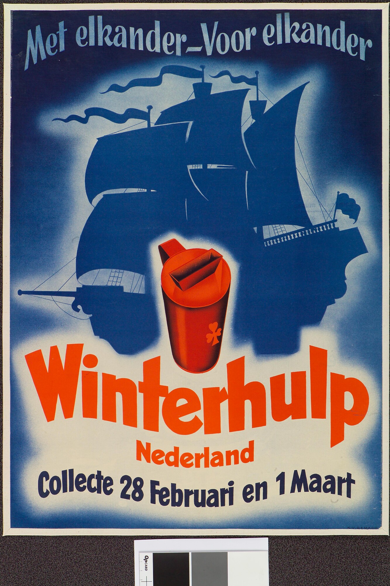 S.6762(15); Affiche van een collecte van de Winterhulp Nederland, met afbeelding van een driemaster; affiche