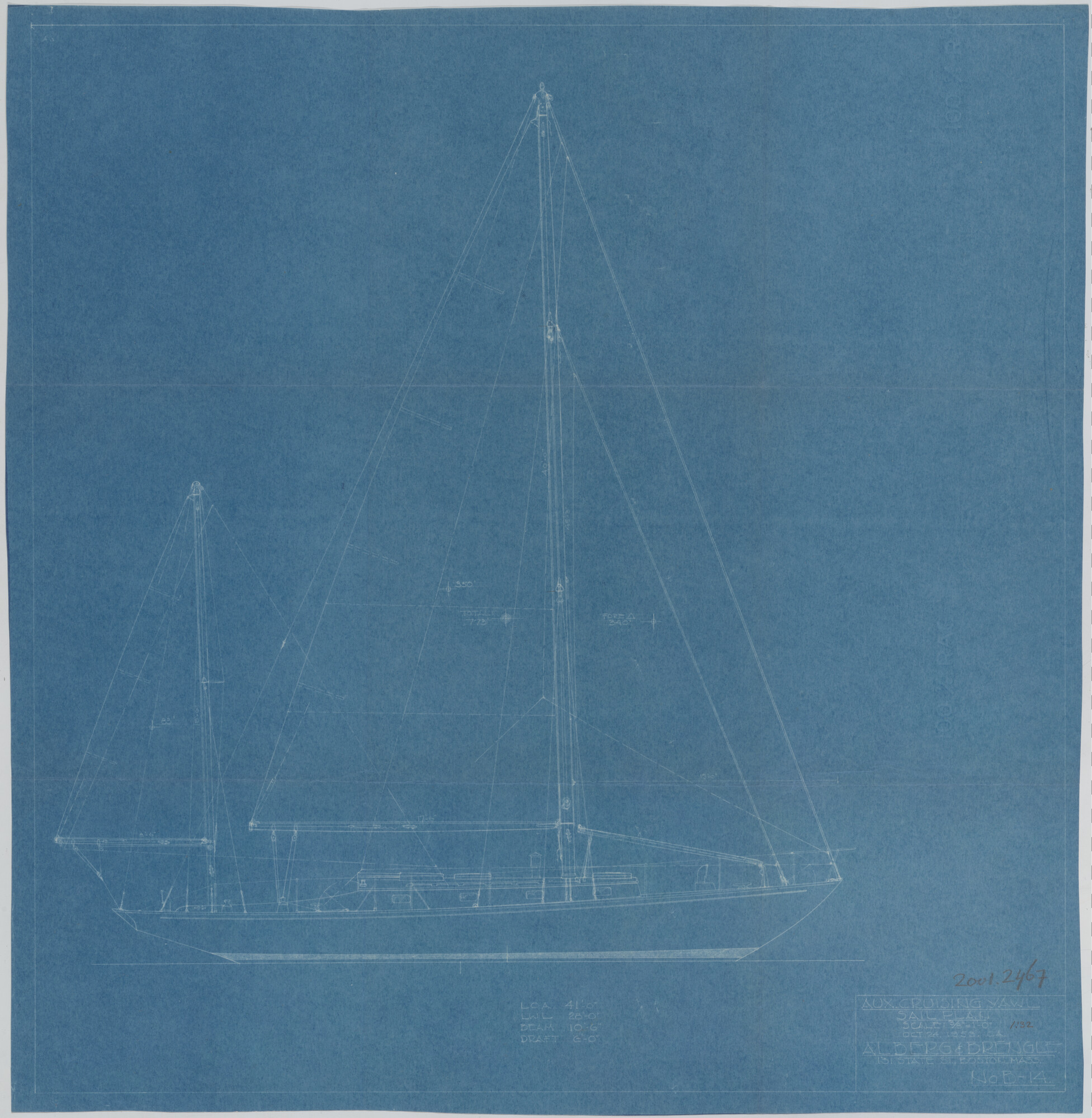 2001.2467; Zeilplan van een 2 mast zeiljacht (aux cruising yawl); technische tekening