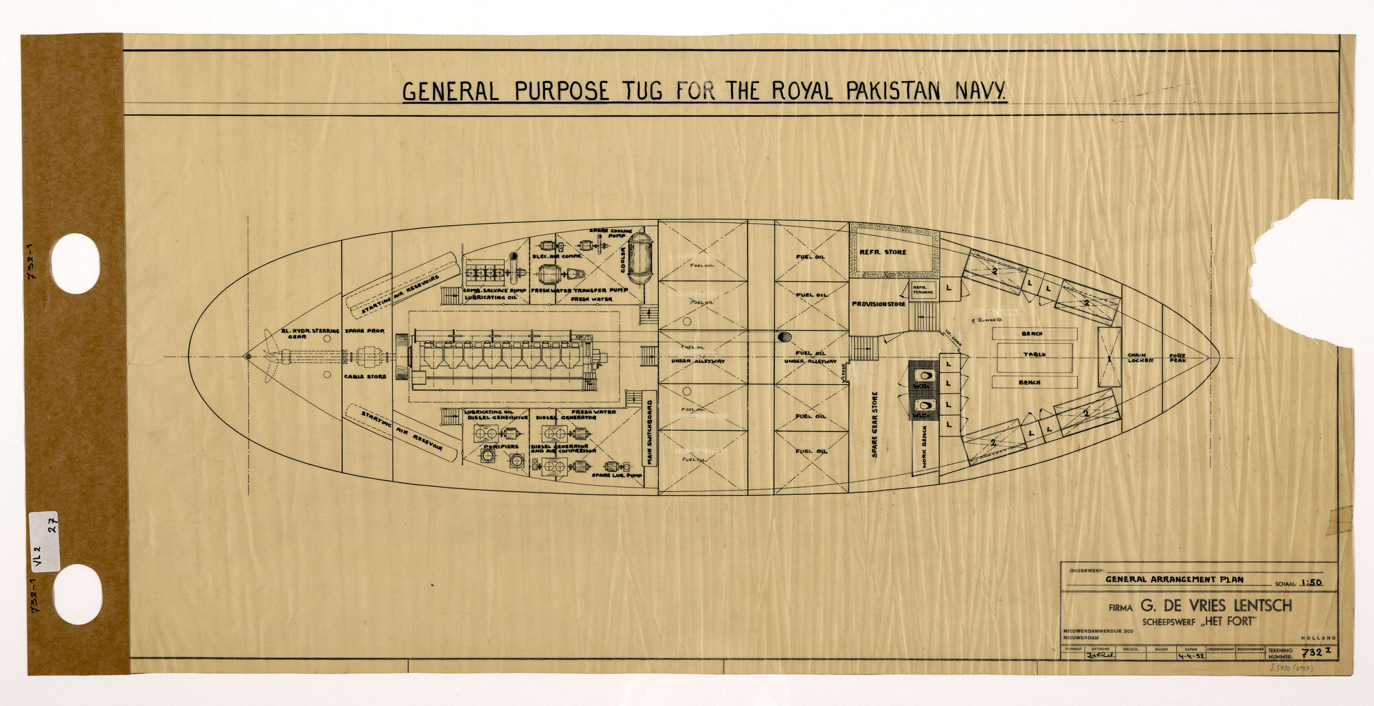 S.5180(0107); Indelingsplan van een sleepboot; technische tekening