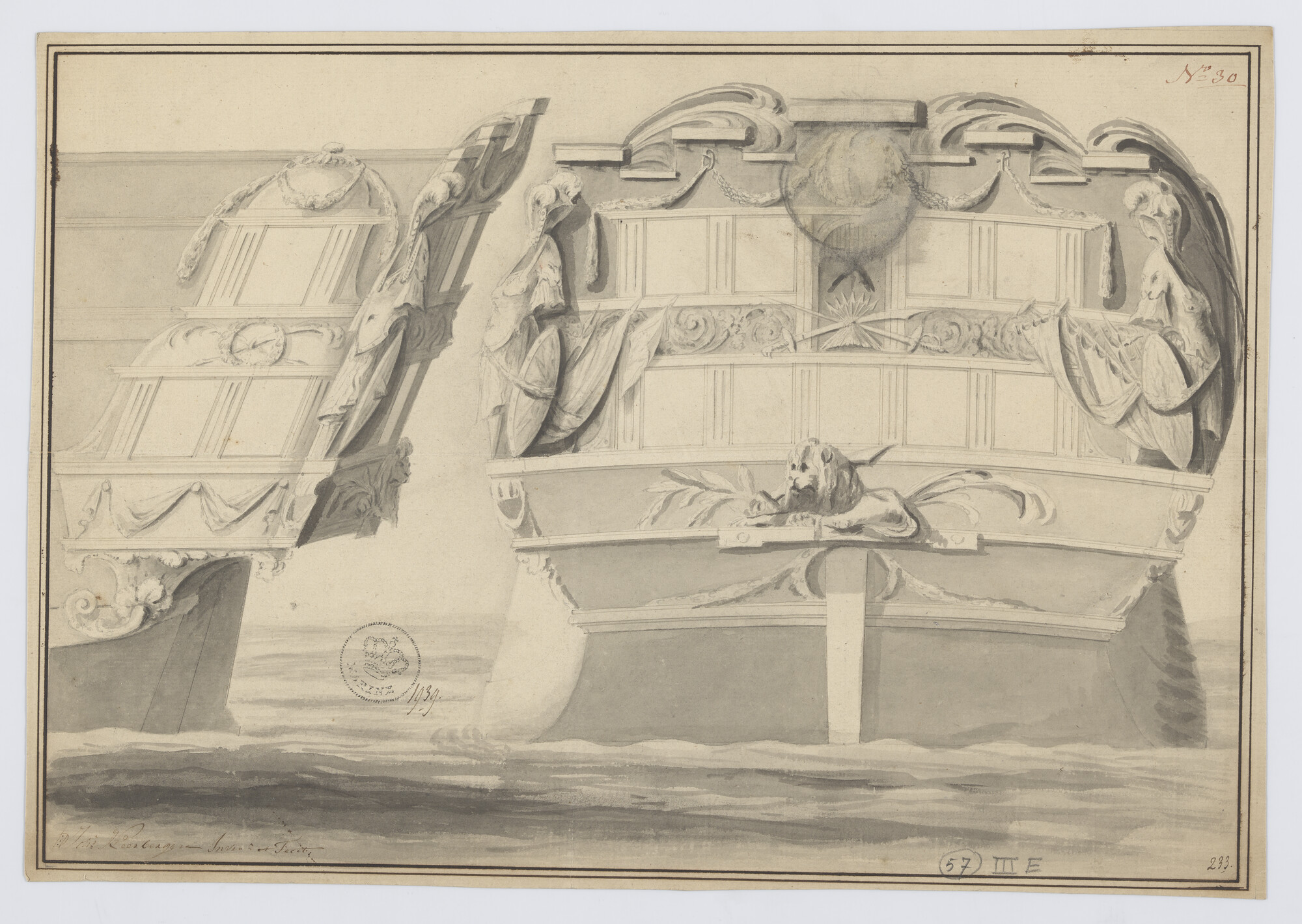 2016.0124; Ontwerp voor de spiegel en zijgalerij van een schip; technische tekening