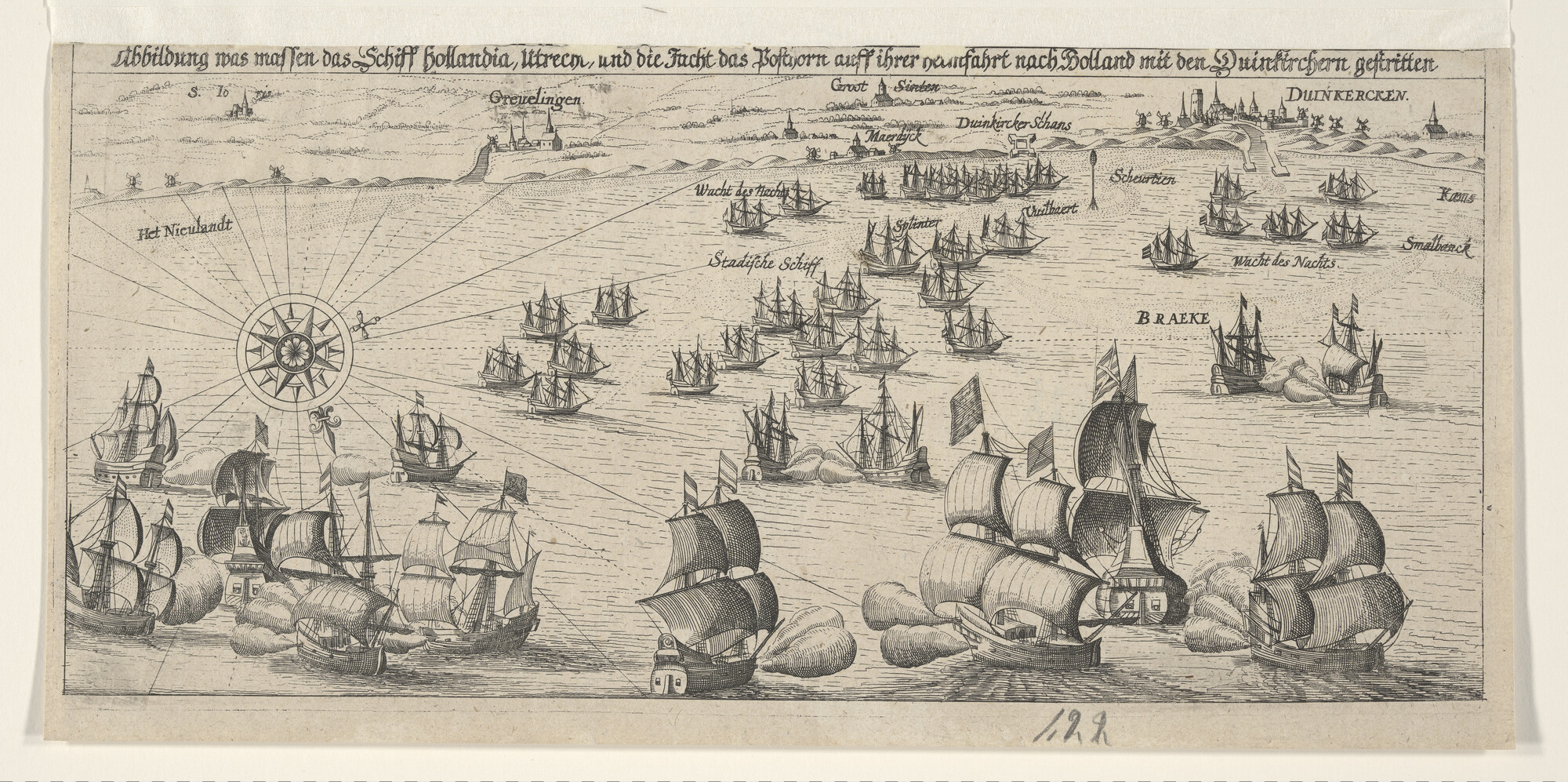 A.0145(027)395; Gevecht tussen enige afgedwaalde schepen van de vloot van Piet Hein en de Duinkerkers; prent