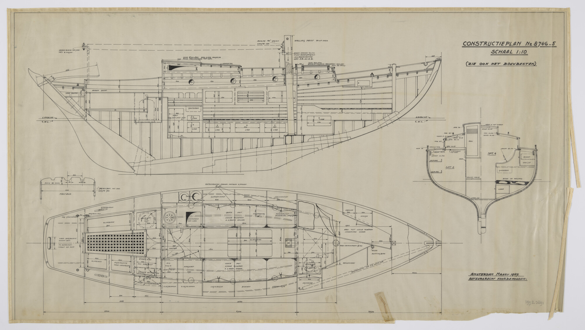 1993.2891; Constructietekening beslag platgatzeiljacht 8.10 meter; technische tekening