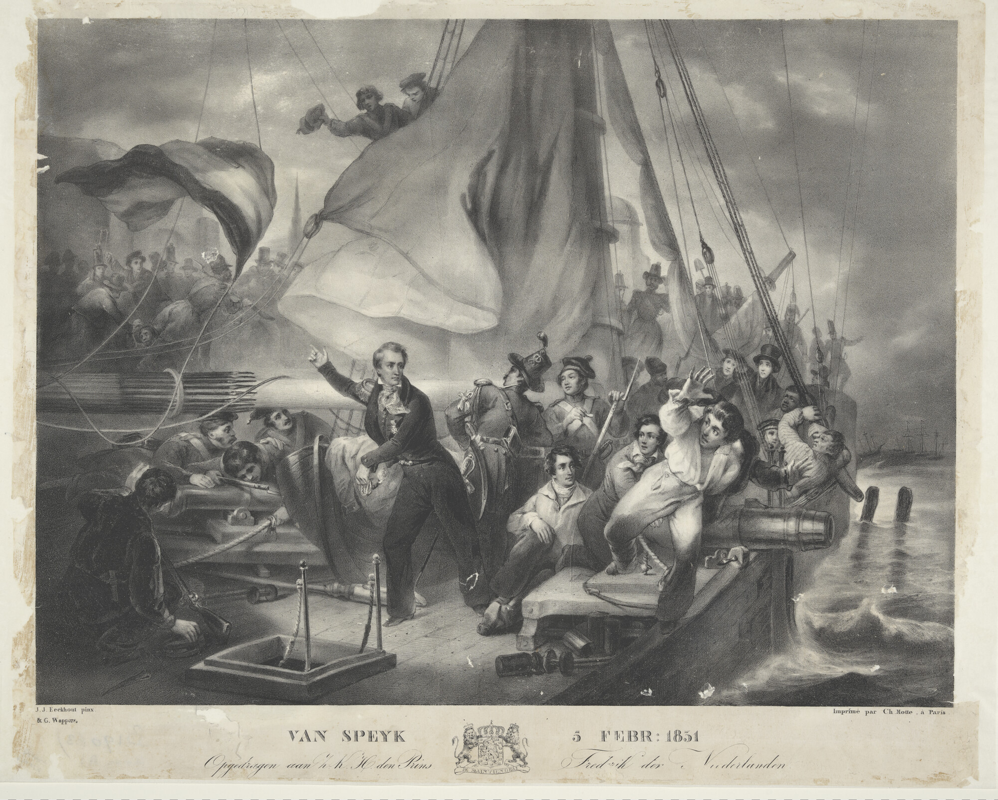 B.0190(03); J.C. van Speyk steekt het schip in brand; prent