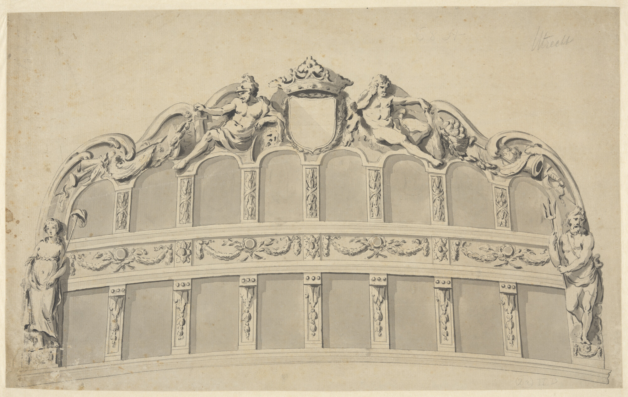A.0149(0432); Spiegel van het linieschip Utrecht van 68 stukken; technische tekening