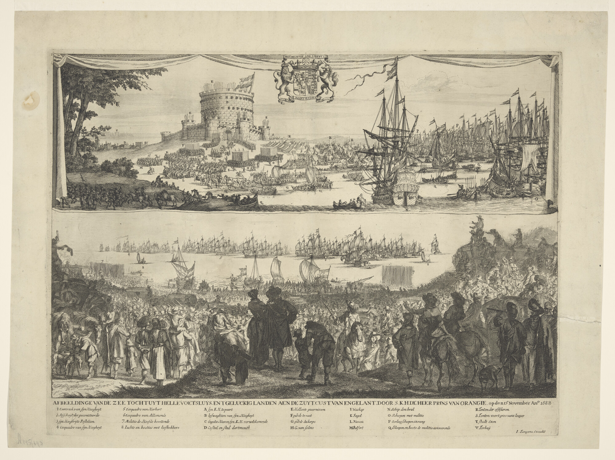 A.0145(193)14; Aankomst in Engeland en vertrek uit Hellevoetsluis van Willem III in 1688; prent