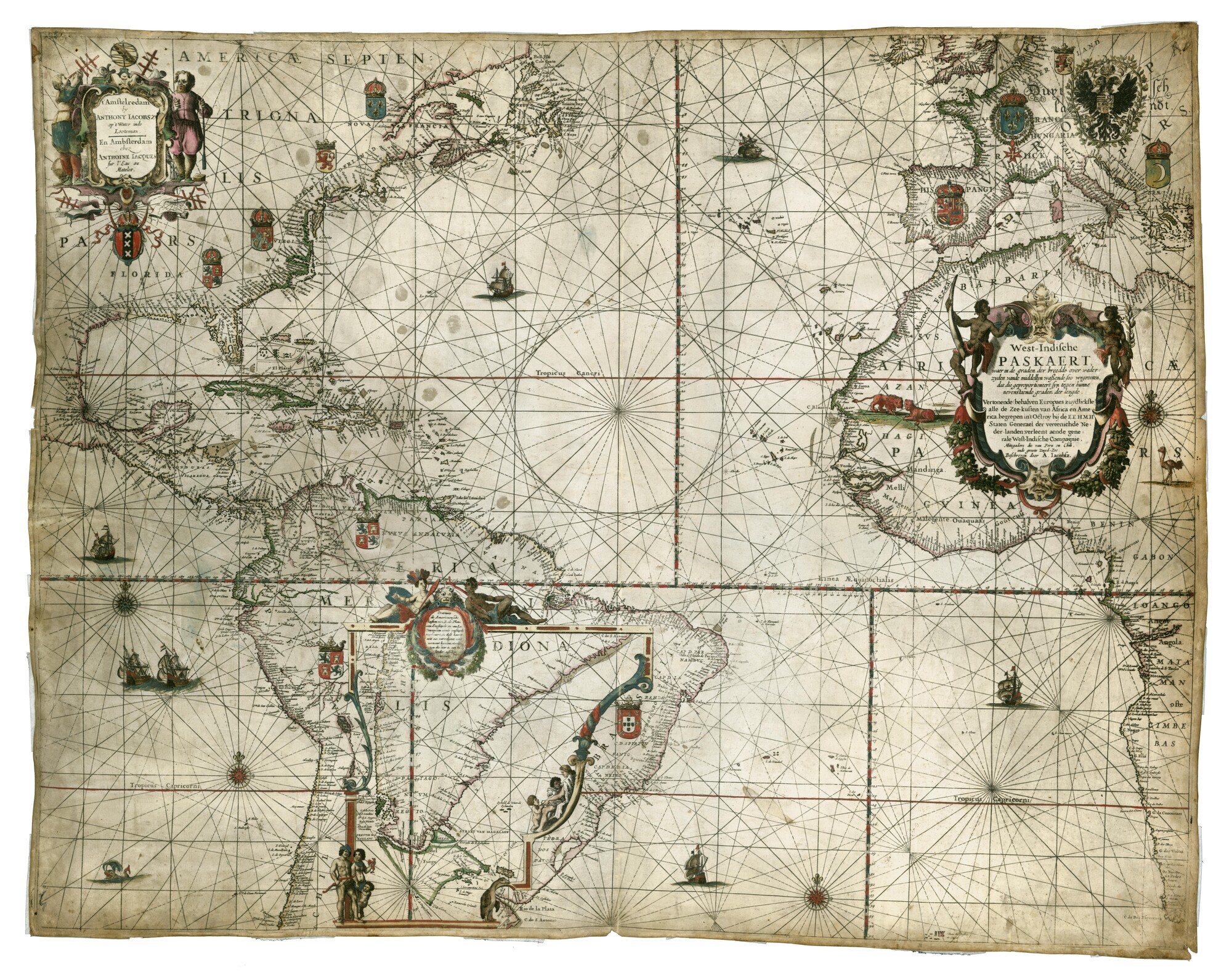 A.3018(01); Met de hand gekleurde Westindische paskaart door Anthoni Jacobszoon; perkamentkaart
