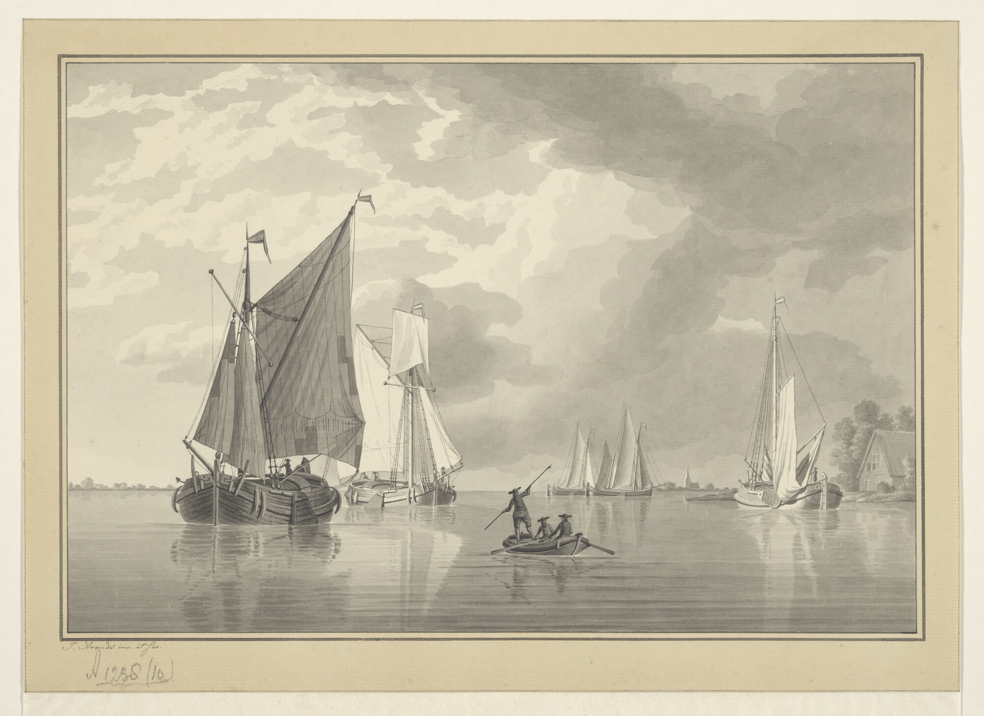 A.1238(10); Riviergezicht met binnenschepen; tekening