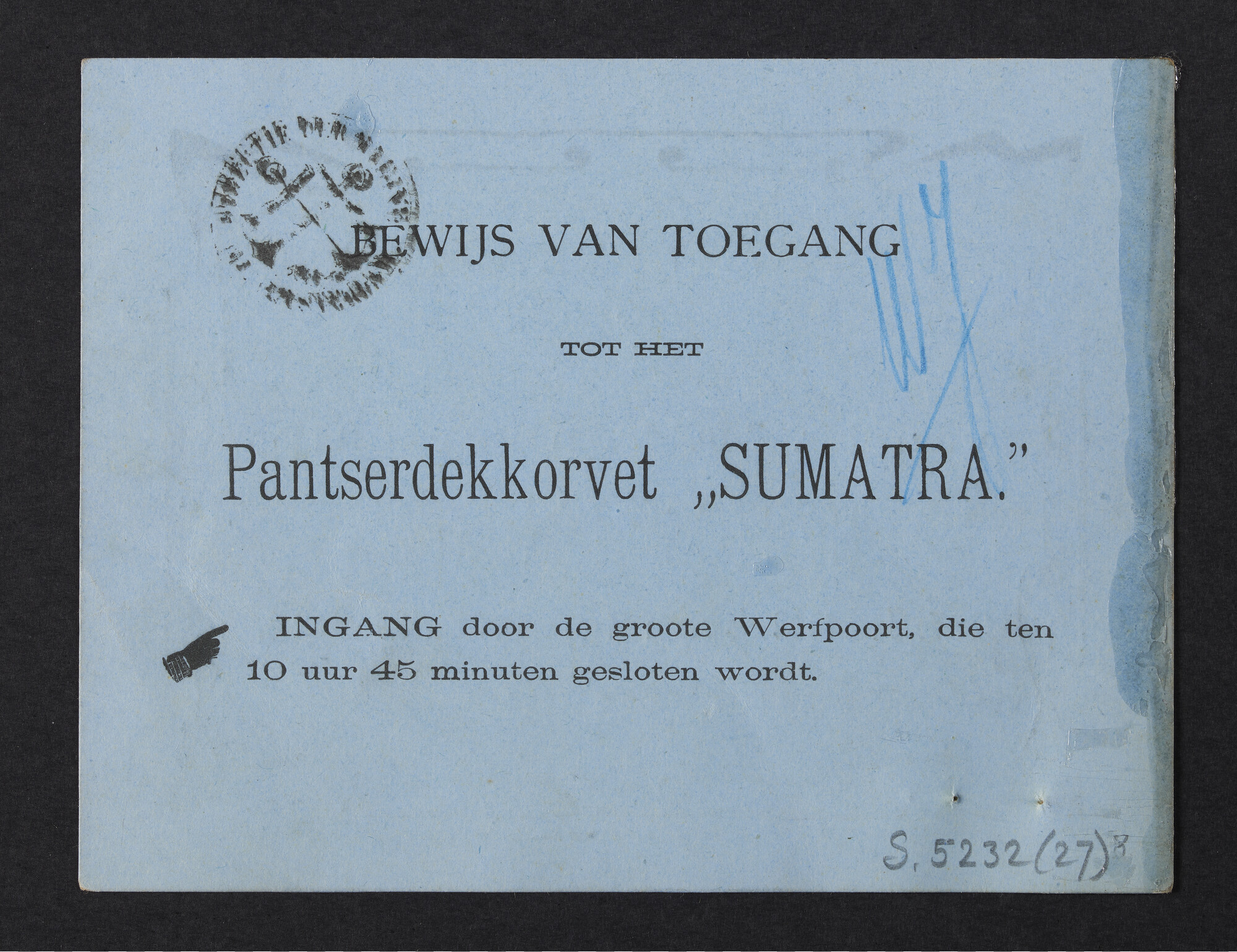 S.5232(27)8; Toegangsbewijs tot de tewaterlating van pantserschip Hr.Ms. Hertog Hendrik; toegangsbewijs