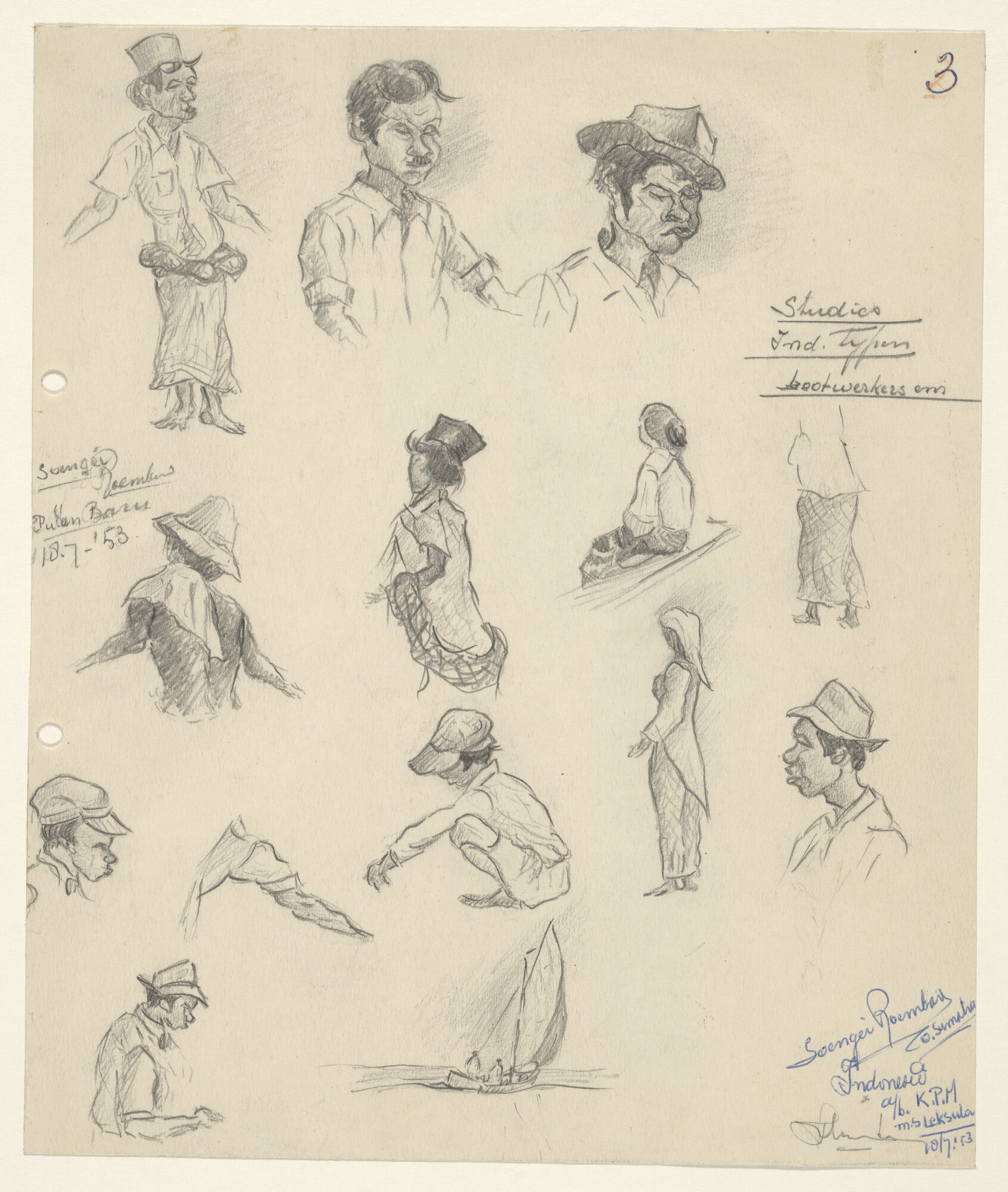 S.4824(15); Studies van indonesische typen en een zeilschip; tekening