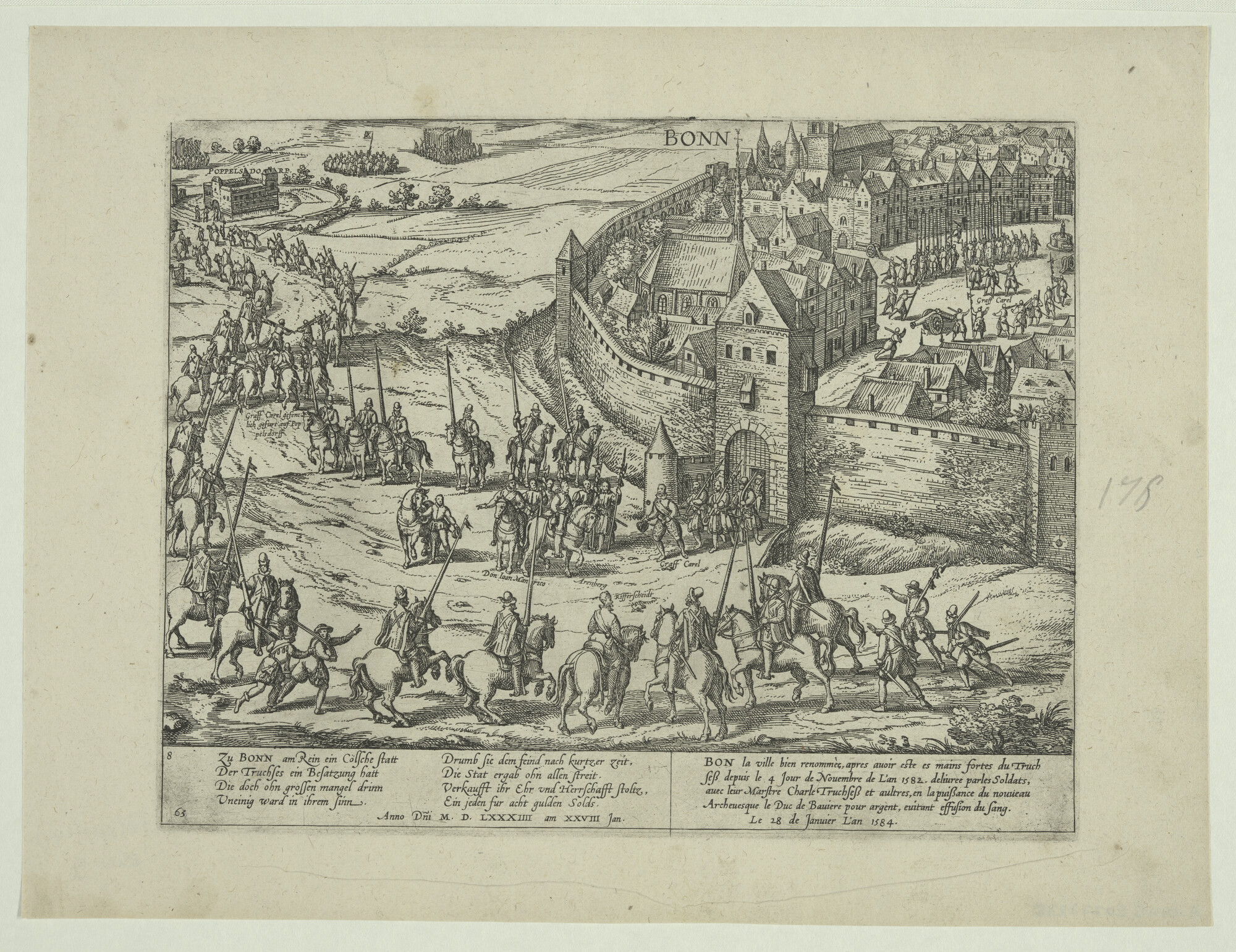 A.0145(027)235; Bonn door verraad voor Truchsess verloren, 28 januari 1584; prent