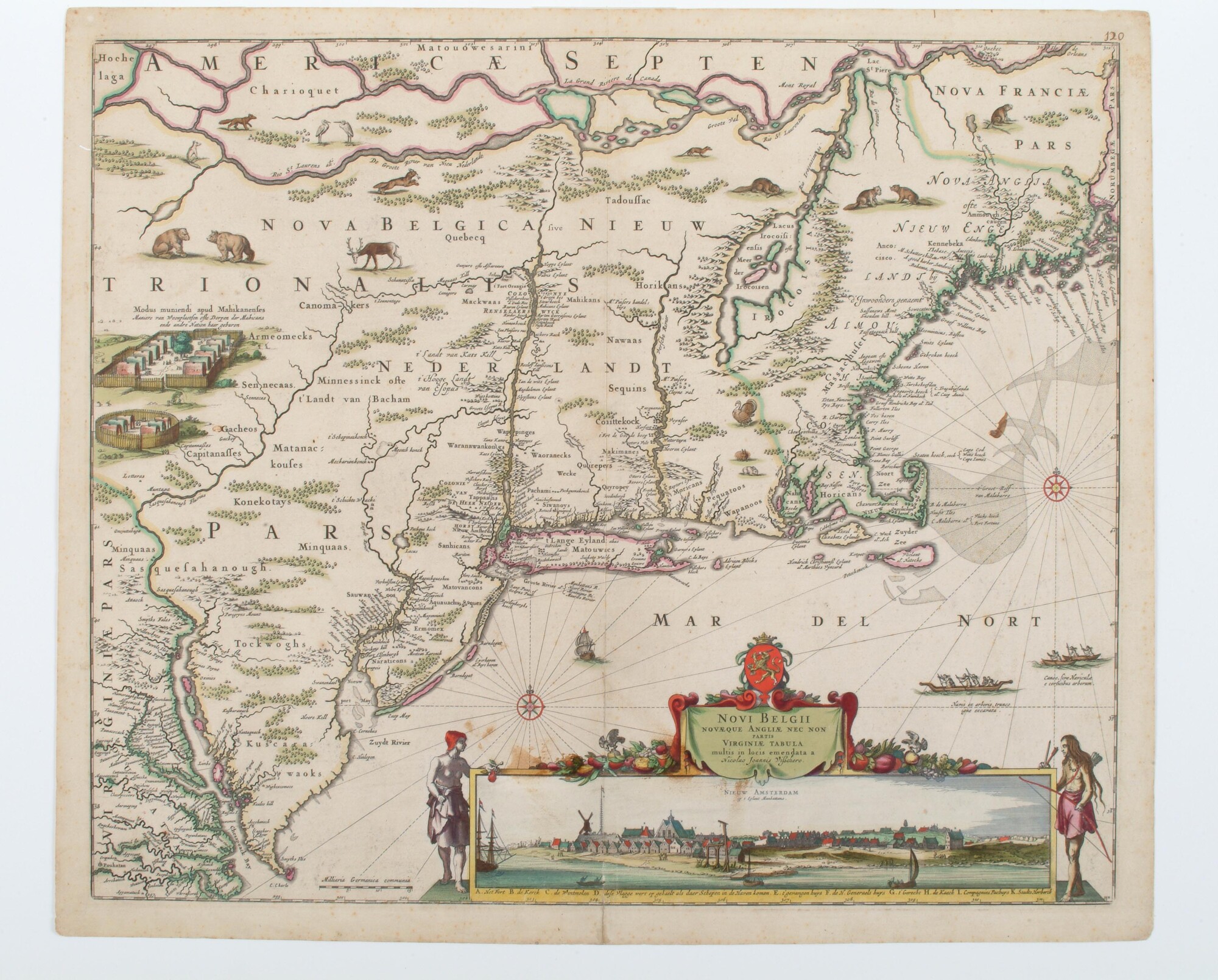A.0145(064)4; Met de hand gekleurde kaart van Nieuw Nederland, Nieuw Engeland en een deel van Virginia; landkaart