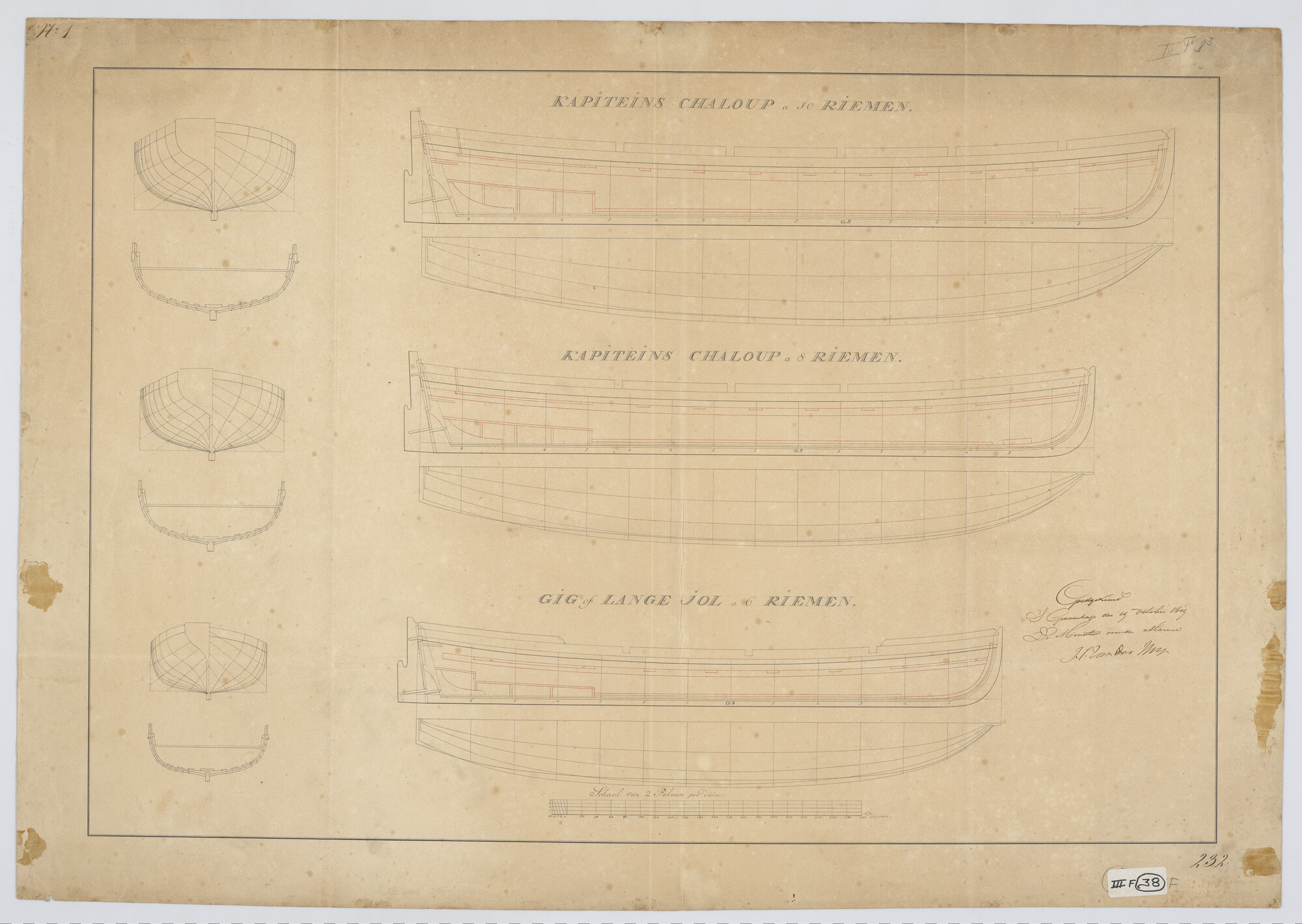 S.1214(0293); Lijnenplan van twee kapiteinssloepen en van een lange jol; technische tekening