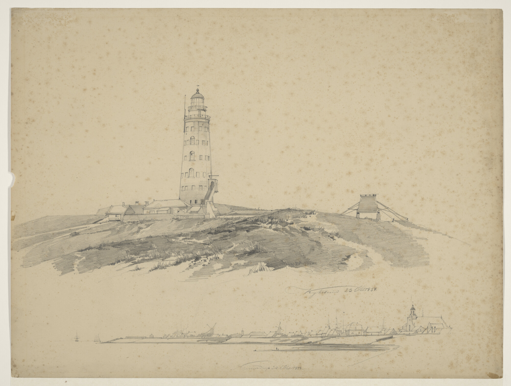 A.1136(02)a; Blad met 2 tekeningen: de vuurtoren van Kijkduin bij Huisduinen en een kustaanzicht van Den Helder vanaf het Marsdiep; tekening
