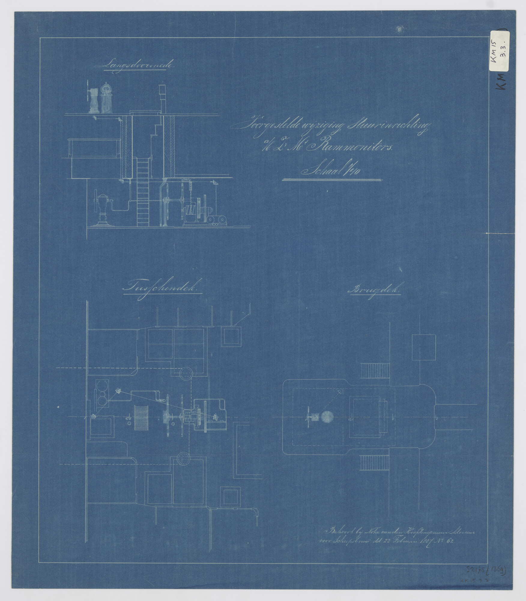 S.2175(1369); Voorgestelde wijziging stuurinrichting van de rammonitors 2de klasse; technische tekening