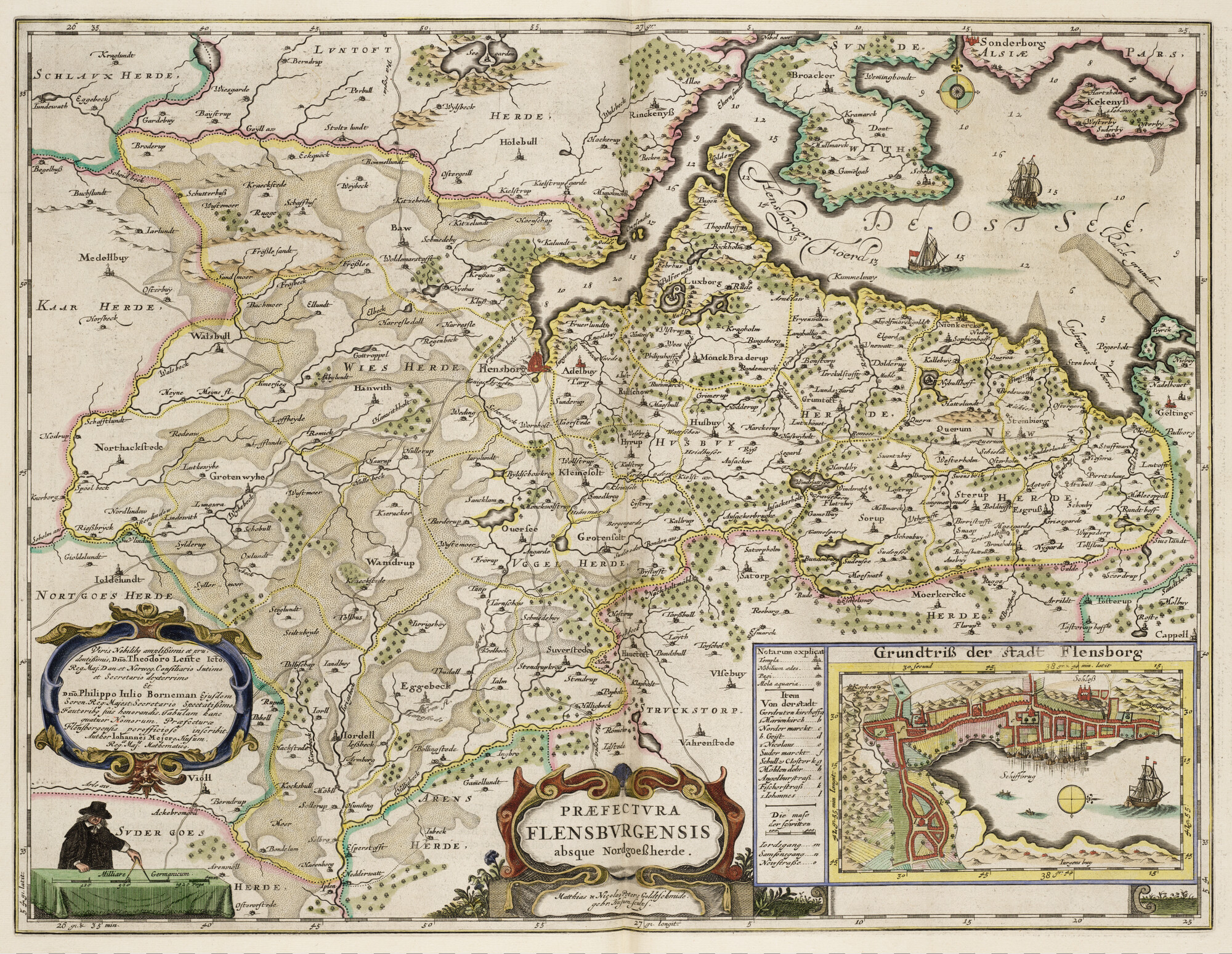 S.1034(01) [kaart 056]; Kaart van de omgeving van Flensburg, met als inzet een plattegrond van de stad Flensburg; landkaart