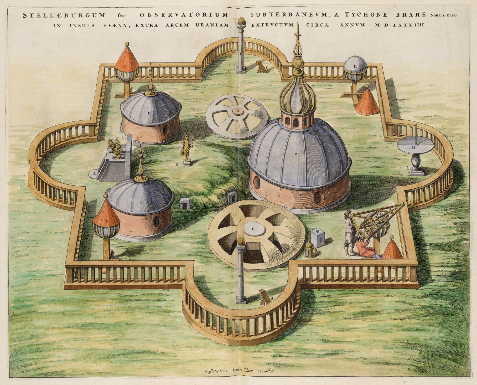 S.1034(01) [kaart 040]; Plattegrond van  'Sterrenburg', onderdeel van het observatoriun Uraniënborg van Tycho Brahe op het eiland Hven in de Sont; prent