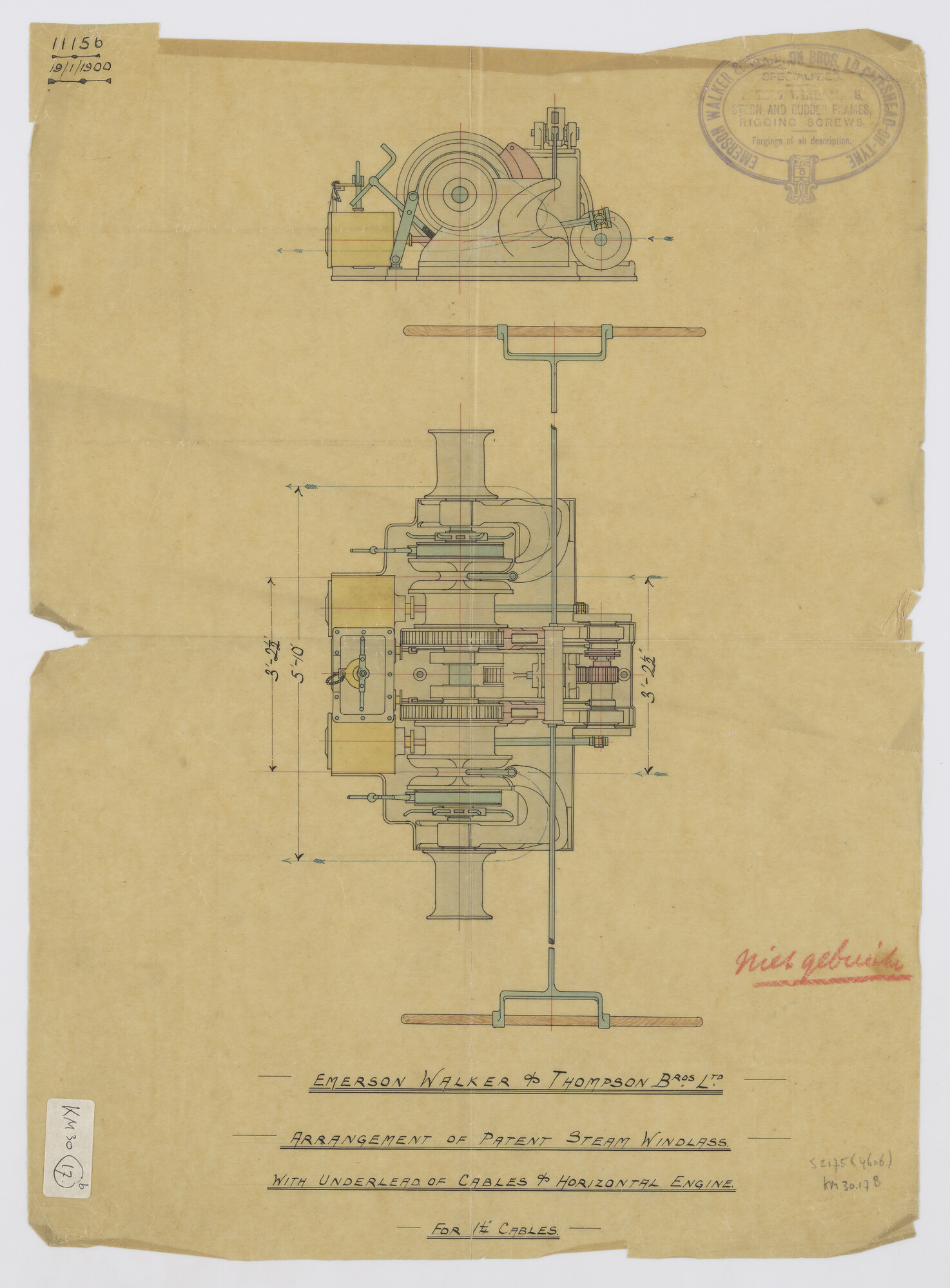 S.2175(4606); Stoomankermachine; Emerson, Walker & Thompson Bros. Ltd. patent; technische tekening