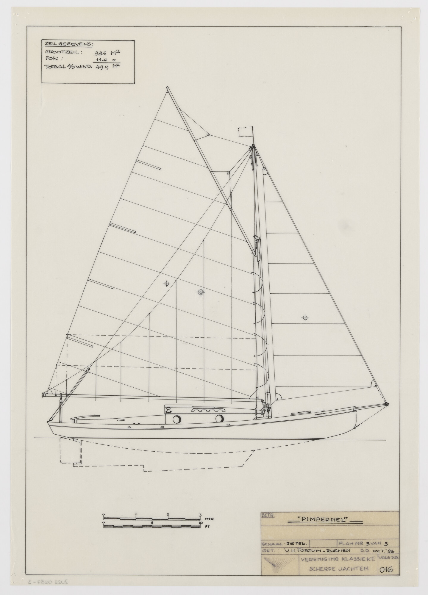 2023.0287-3; Technische tekening van het zeiljacht Pimpernel; technische tekening